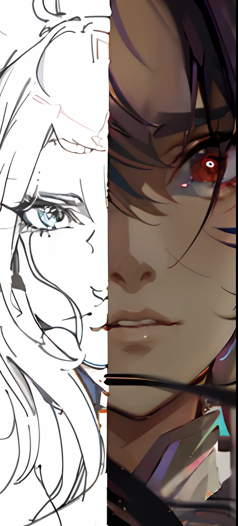 There are two photos,One is a woman with long hair,One is a man with long hair, Detailed anime face, wlop loish and clamp style, details face, animation portrait concept art, 2 d concept art head macro shot, intense line art, anime shading, accurately drawn details, face details sharp, semirealistic anime style, character art closeup, Detailed facial details