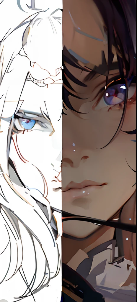 There are two photos，One is a woman with long hair，One is a man with long hair, Detailed anime face, wlop loish and clamp style, details face, animation portrait concept art, 2 d concept art head macro shot, intense line art, anime shading, accurately drawn details, face details sharp, semirealistic anime style, character art closeup, Detailed facial details