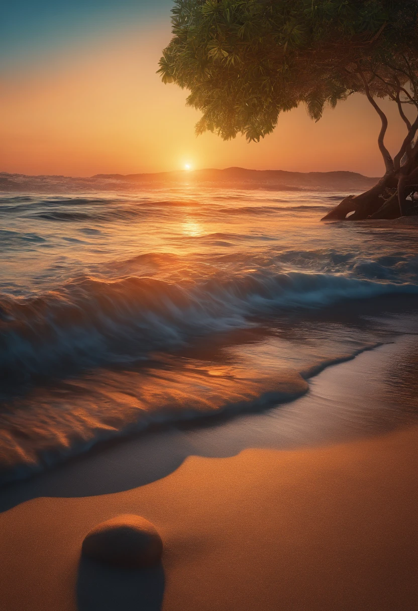 Arara azul, grande, Realistic, ..3d, 8k, Adobe Illustrator, forte, vivid colors, linhas finas. Com parte vermelhas em um ganho de arvore em uma praia com mar azul ao por do sol