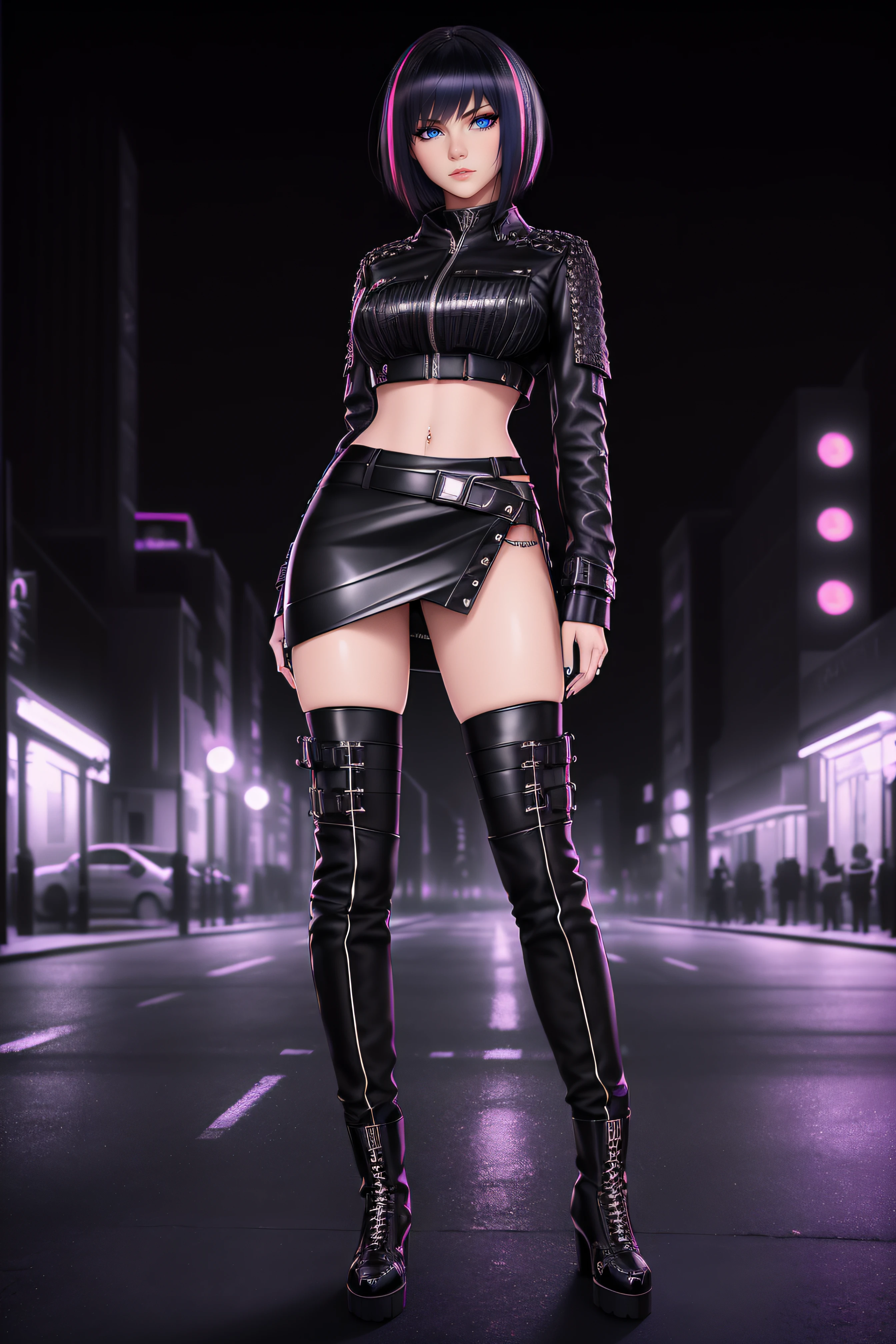 beautiful girl, ((standing:1.4)), (confident gaze:1.1), full body, short bright neon streaked black hair, ((realistic highly detailed eyes:1.4)), ((seductive pose:1.2)), black eyeshadow, (street style wear:1.2), ((short skirt)), ((knee high leather boots)), (dark city night black background:1.4), dark makeup, digital art, trending on artstation, highly detailed, fine detail, intricate, detailed facial features, sharp focus, smooth, aesthetic,