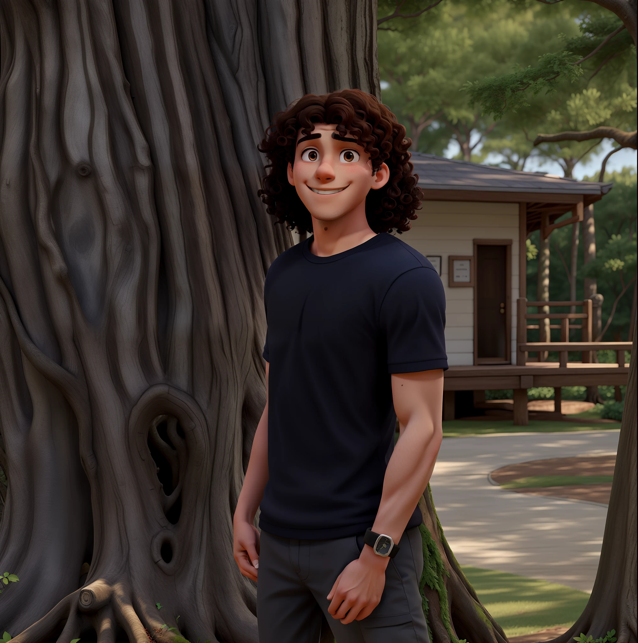 a thin, strong 22-year-old boy, smiling, with curly hair, in a place with a tree behind him.