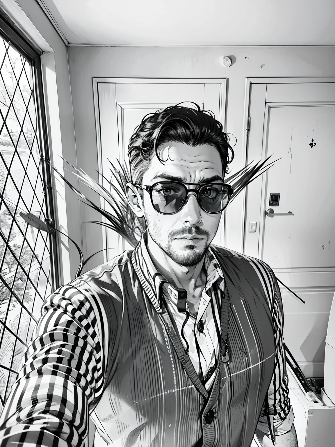 obra prima, melhor qualidade, Uma homem em frente a uma parede, foto perfil, Arte linear, monocromatic