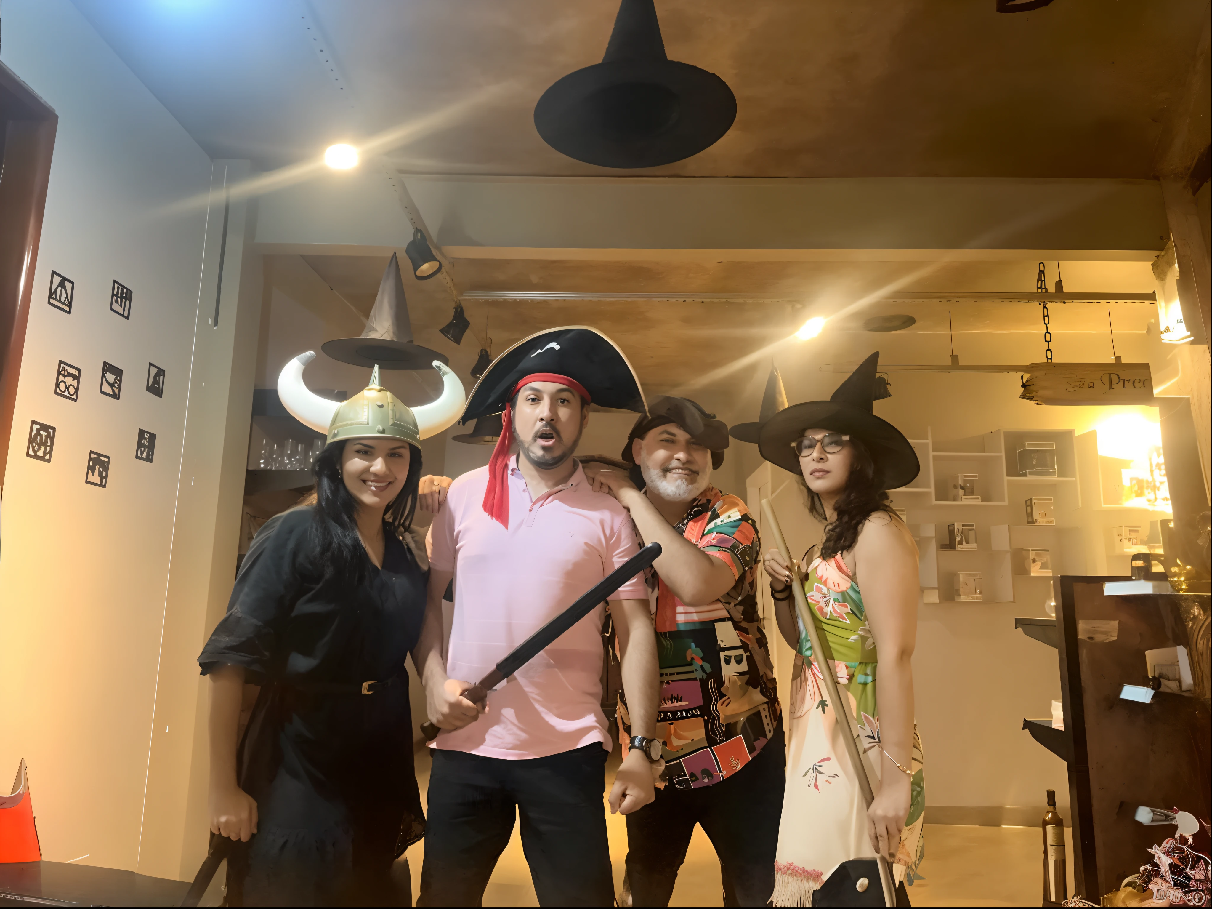 There's three people in a hallway with a man in a pirate hat, halloween celebration, dia das bruxas, Mahira Khan como um D&assistente d, usando um vestido extravagante, d & d partido, trending ，, Tema pirata, inspirado em Eiichiro Oda, Ron English and Eiichiro Oda, wearing a witch's hat, editing, Anime Party do Amigo da Sabedoria, Atmosfera de Halloween