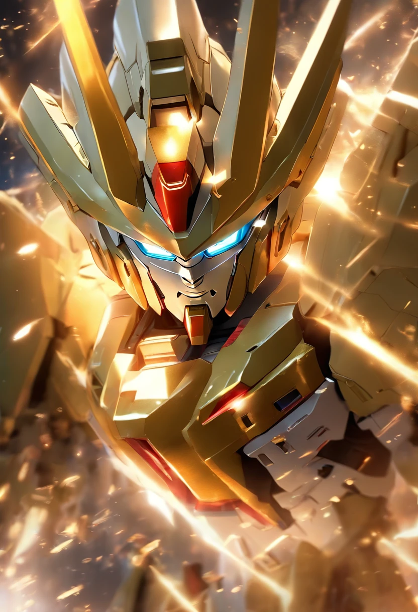 (Pixar style),Gundam Babatos, Model, fighter, Battle Damage , Real Robot,gem、Gold Coins,Small Character Models, Right-to-left light source, Rum Light, Right-to-left light source, realistic proportions, Post Processing, ((Right angle view)), super detail, Realistic, super realistic, Photoreal Display,super power