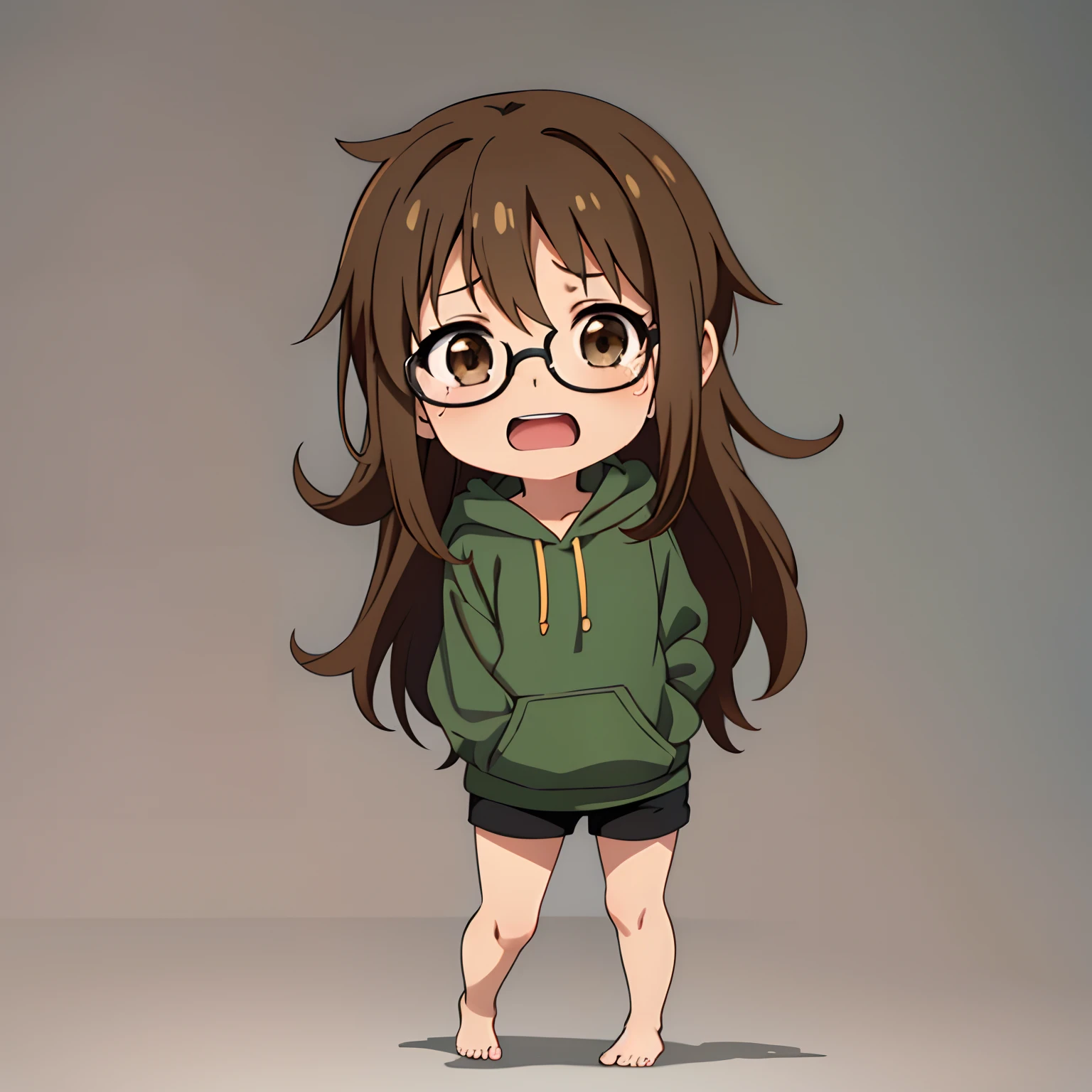 (Chibi:1.3), Best Quality, 1 girl, Solo, Standing, Simple background, Green hoodie, Black shorts, Barefoot, Brown Long Hair, Brown eyes, Open mouth, Black-rimmed glasses, crying how bright