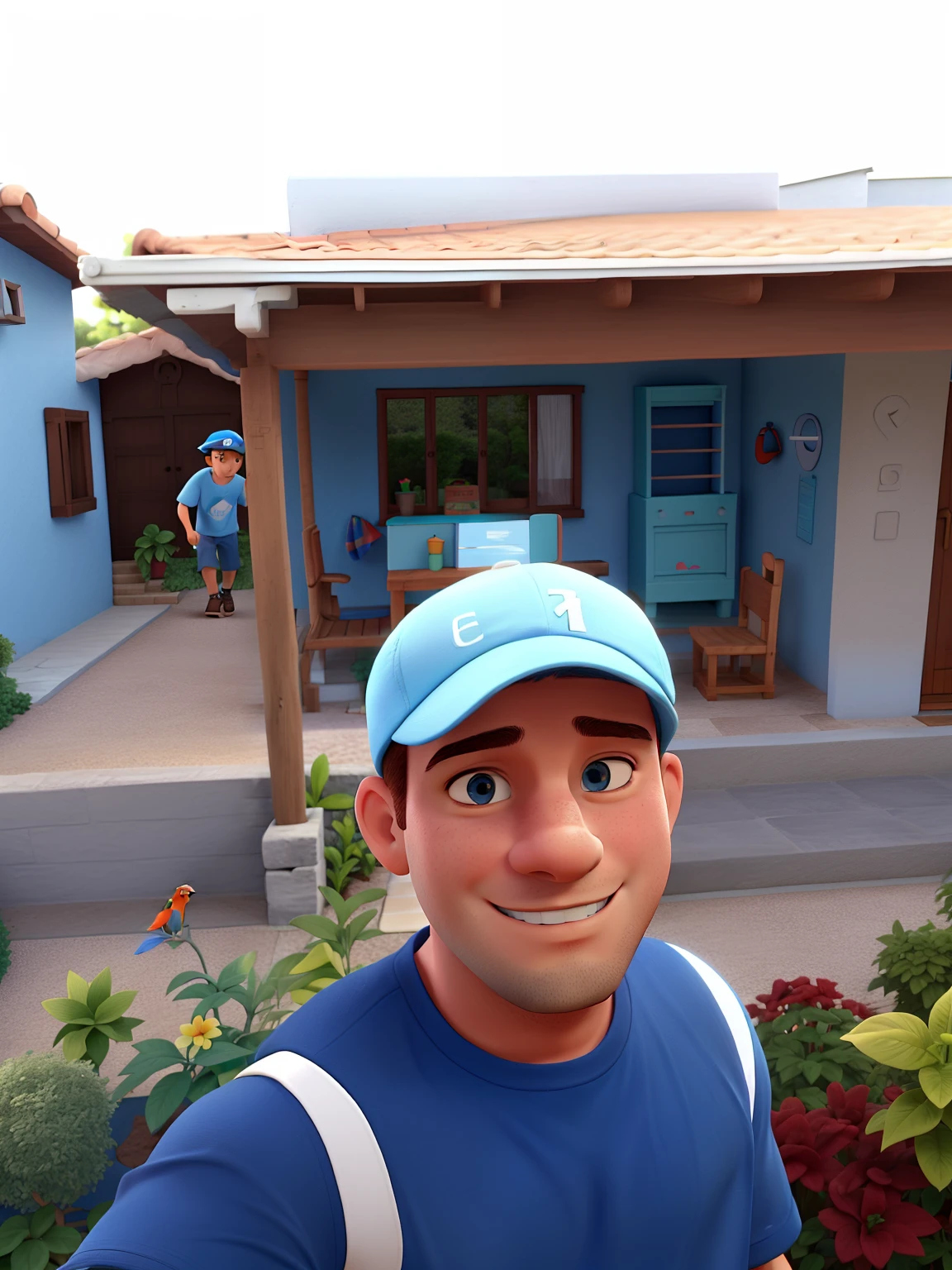 um homem moreno claro , in a light blue cap, camiseta azul escuro com faixa branca na parte do ombro, In the garden with house behind