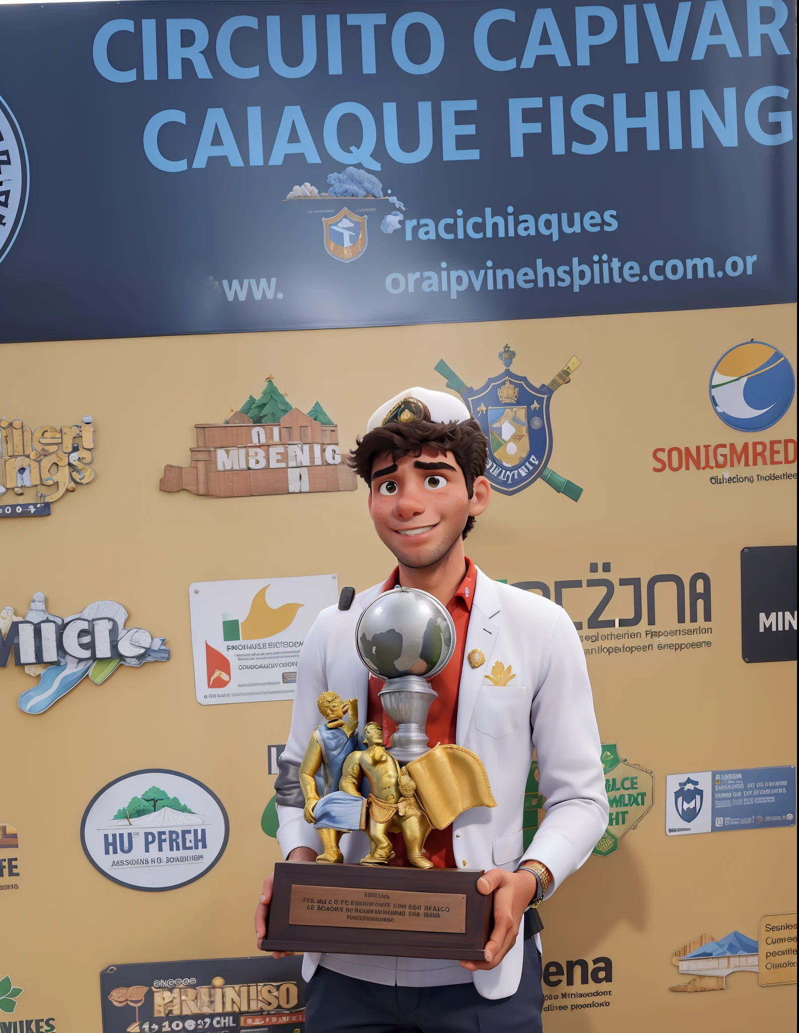 Obra-prima, de melhor qualidade, um holding his trophy, no fundo um banner de propagandas