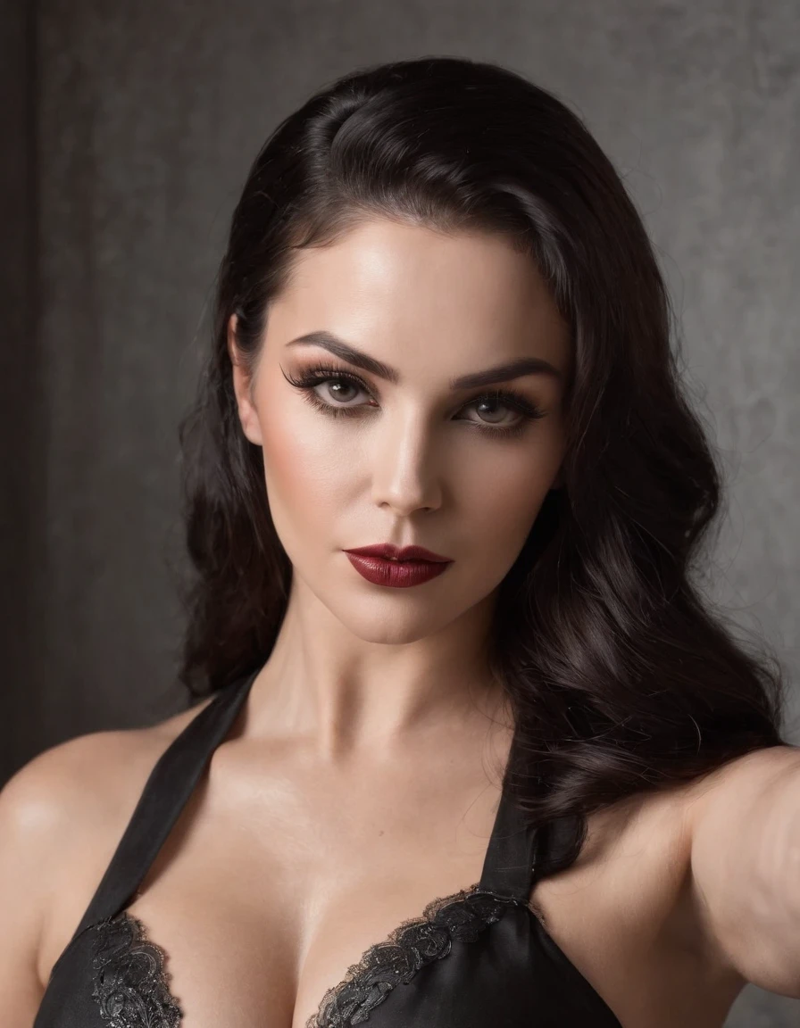 Dominatrix acima de 40 anos,mulher com 60 anos, BBW, rugas, pose for selfie not Instagram, Tattooed with heavy makeup of long black and black hair looking at camera, foto detalhada, lifelike lighting, Pele real de alta qualidade: 1.4, Improved cinematic lighting: 0.9,hiper-realista: 1.4, (soft-lighting: 1.05) figura movimentada,Homem-Imponente, rugas, intimidando a mulher, pose dominante sexy, domination, There are slave-owning rulers, amante, BDSM
