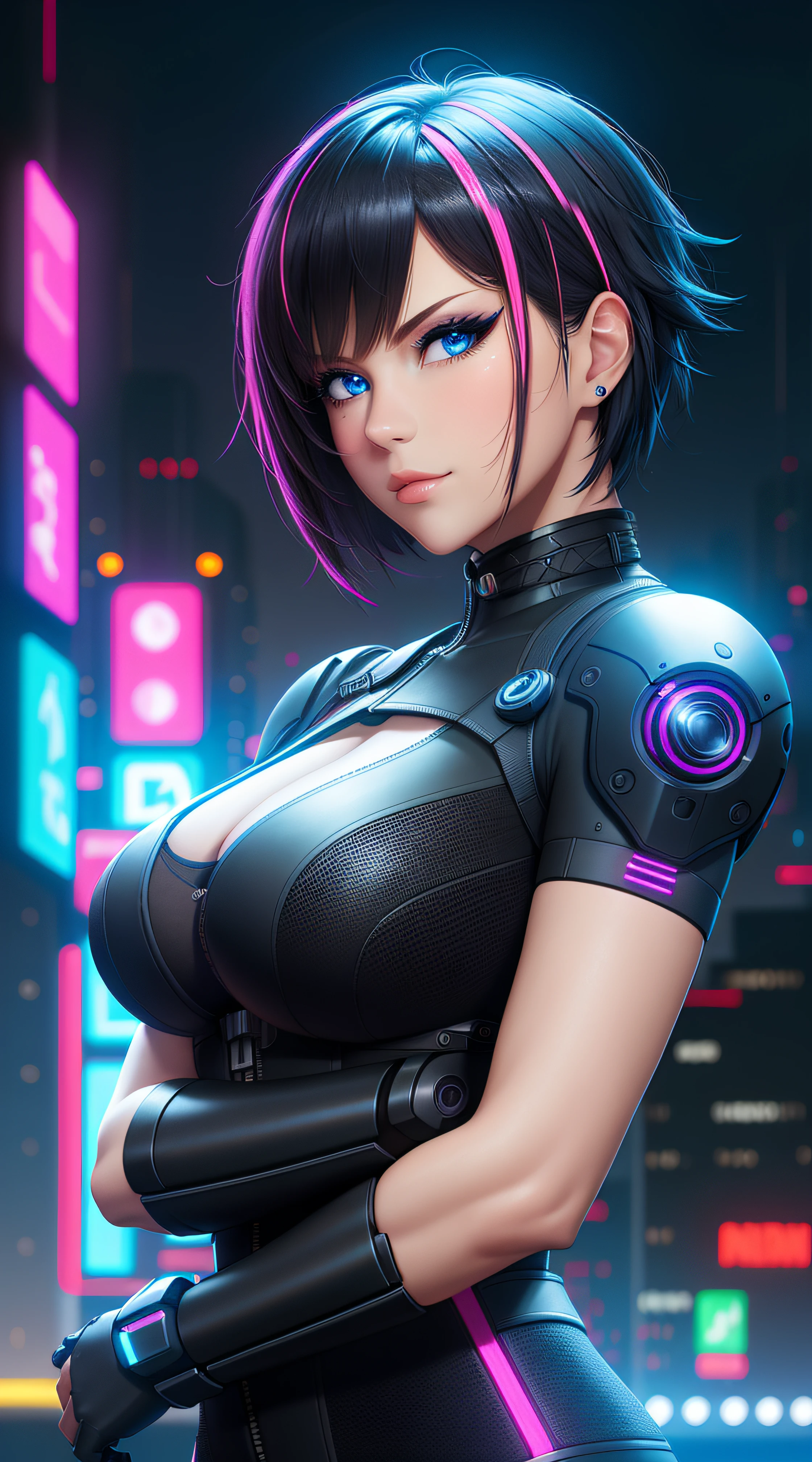 there is a woman standing, Neon streaked Black Hair, Bob Short Hair, cyberpunk femme fatale, seductive cyberpunk dark fantasy, cyberpunk strip clubs, cyberpunk 20 y. o model girl, oppai cyberpunk, Serious Face, Realistic Face Resolution, Realistic, Object Resolution, (dark city night black background:1.4), deep cleavage, banner, high definition cgsociety, cgsociety masterpiece, trending on cgstation, kda