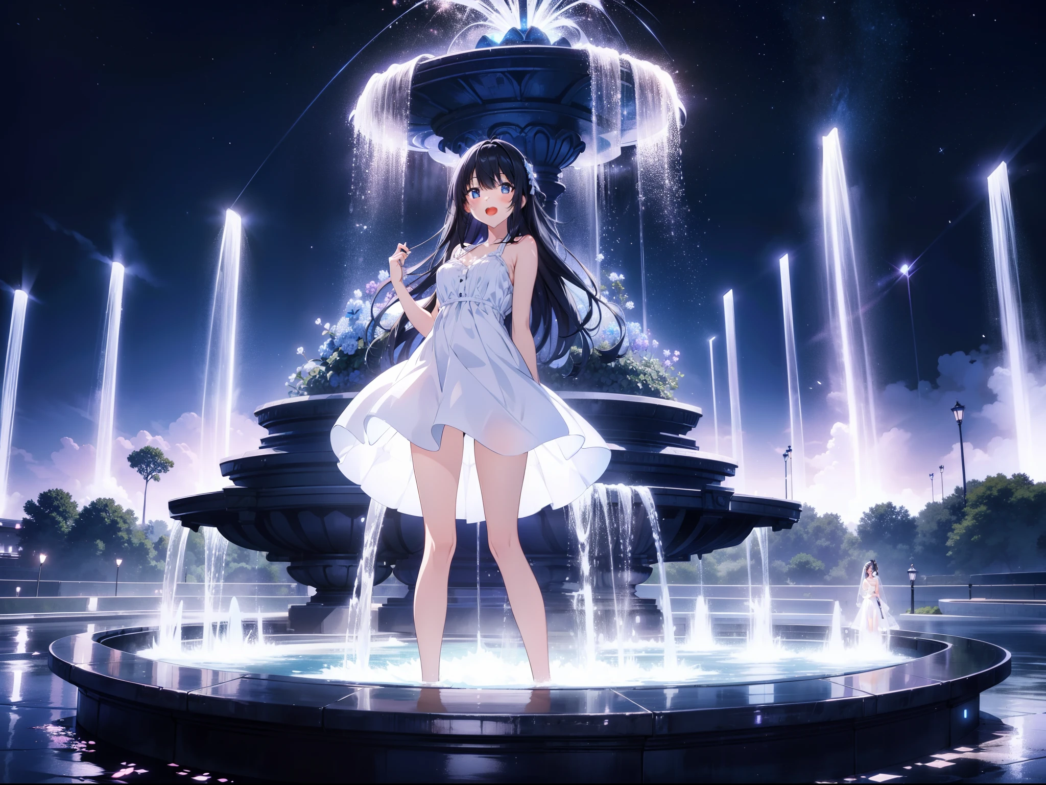 1 cute girl ,standing , cross legs, lifting skirt, (front) ,((blue lighting)) ,cinematic lighting ,(Faintly emerge from the darkness) ,white sundress, smile, open mouth, black hair, night , (Lens Flare) ,(background big fountain) , high resolution,(incredibly absurdres),anime visual,extremely detailed CG unity 8k wallpaper, ((masterpiece)), ((top-quality)), (beautiful illustration), ((an extremely delicate and beautiful))