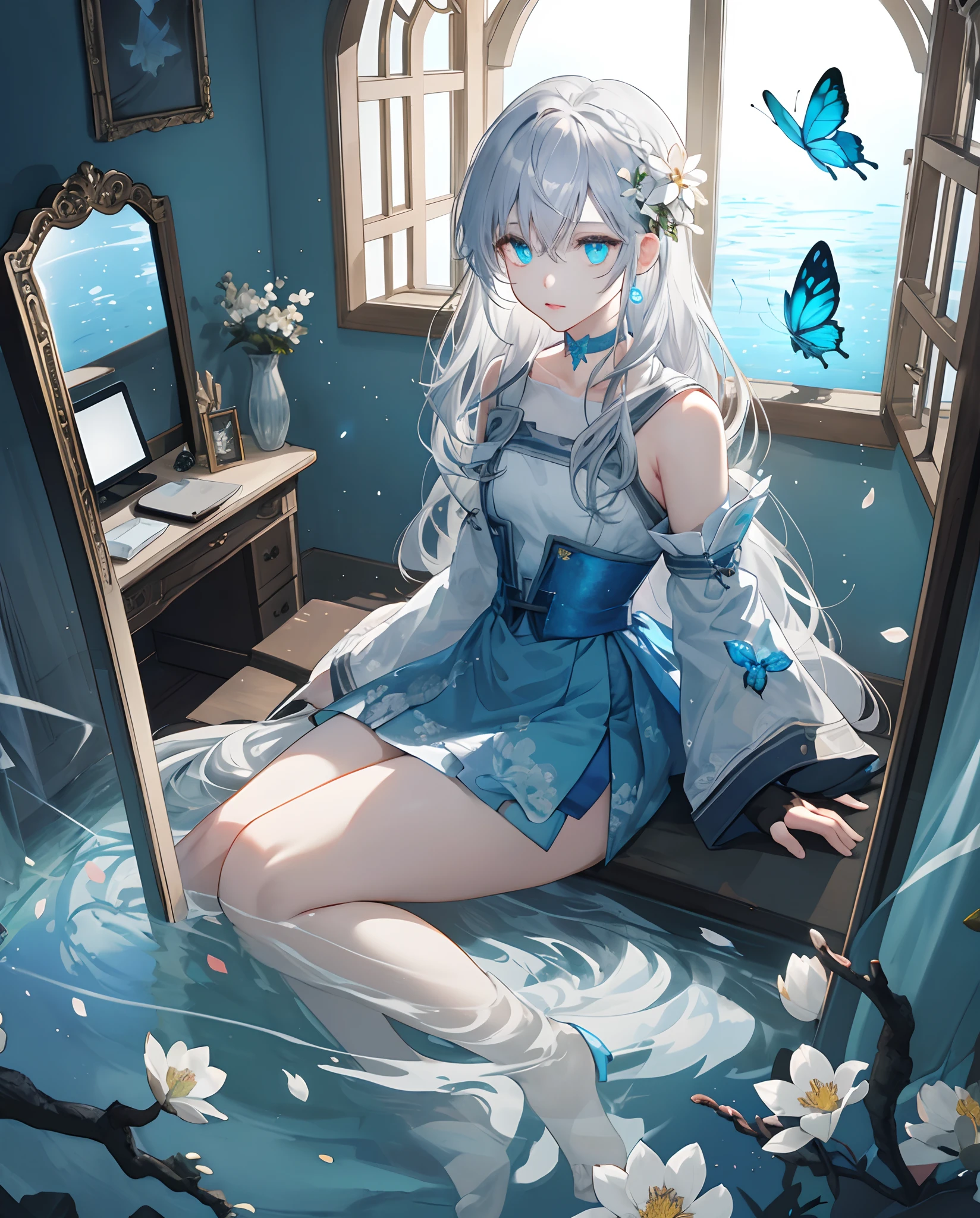 (Overhead Views),Dynamic Angle,Ultra Detail, Illustration, Close Up, Straight, One Girl, (Fantasy:1.4), (Azure Eyes:1.233),Her Eyes Glowed Like Dreamy Stars,(Glowing Eyes:1.233),(Beautiful and Delicate Eyes:1.1),(Silver Hair:1.14),(Unkempt Hair,Very Long Hair,Braids,Between Eyes,Side Locks), (+ (Bull Hair Flower: 1.14)),(Chiffon Dress,Blue Floral Pattern on Uniform)/=(Military Uniform: 1.24),(Sleeveless,Wide Sleeve),(Fingerless Gloves),Choker,(Priestess Niso),High Heels,(Expressionless,Mouth Closed),(Stingling),(Classic Princess Boudoir with Dressing Table and French Window in White Ancient Palace),(White Flower,Flower),(Deep Sea),(Flowing Water),(Dull Blue World Tree:1.14), (Ruins),(Night:1.2 ),Dreamy,Soul,(Fluorescence),(Translucent Blue Butterfly Fly:1.15),[[Delicate Fingers and Hands:0.55]::0.85],(Fine Fingers),(Yubao:0.5),