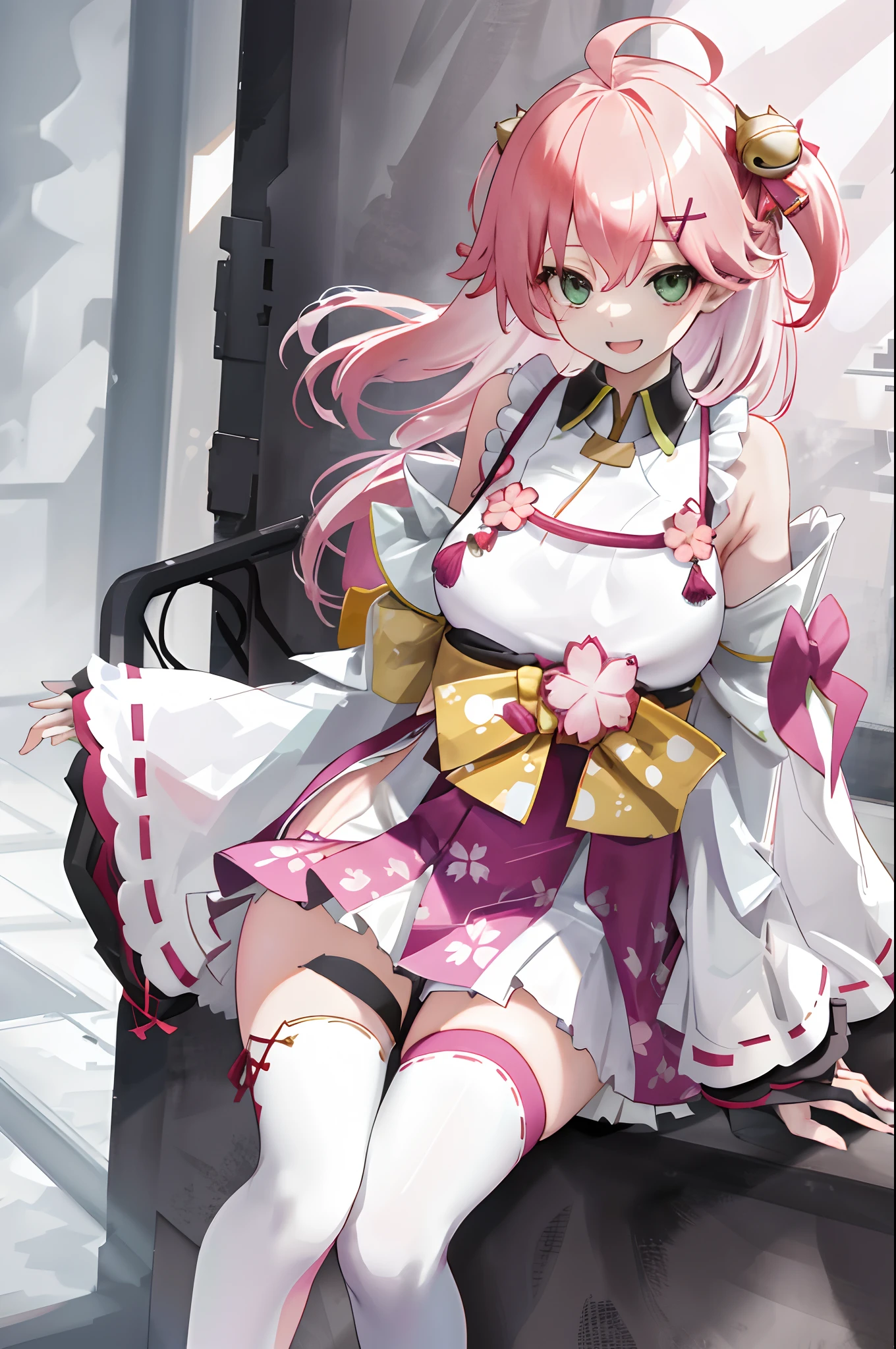 masterpiece, best quality, highres, miko1, sakura_miko, 1girl, big_boobs, solo, ahoge, x_hair_ornament, pink_hair, floral print, hairclip,(side_less_clothes:1.5), (side_boobs:1.5), hair_bell, floral print, long_hair, hair between eyes, one side up, white thighhighs, asymmetrical legwear, wide sleeves, open_mouth,(happy:1.3),green_eyes,big_smile,(raise_leg:1.3),plump,apart_legs,(overly_long_sleeves:1.3),),sleeves_past_wrists,hands_hidden_sleeves,sidelock_clothes,solo,hidden_wrists,(XD:1.5),covered_nipples,plump,sunlight,(bare_flank:1.3)
