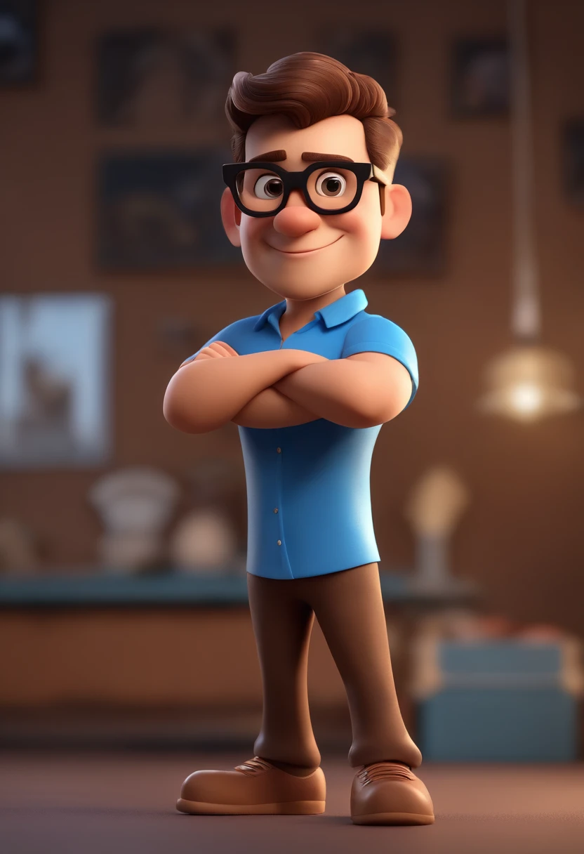 Cartoon character of a man wearing black glasses and a blue shirt, um personagem animado, Caractere estilizado, animation style rendering, 3D estilizado, Arnold Maya render, 3 d render stylized, toon render keyshot, Personagem 3D, Personagem 3D, 3d rendering stylized, 3 d character render, personagem de desenho animado, Personagem de close up, Pose de personagem, (Estilo Pixar) (master part:1.2) (Bokeh) (best quality) (pele detalhada) (textura detalhada) (8k) (argila) (Cinematic lighting) (foco nítido,Senta e vaza a parte superior do corpo