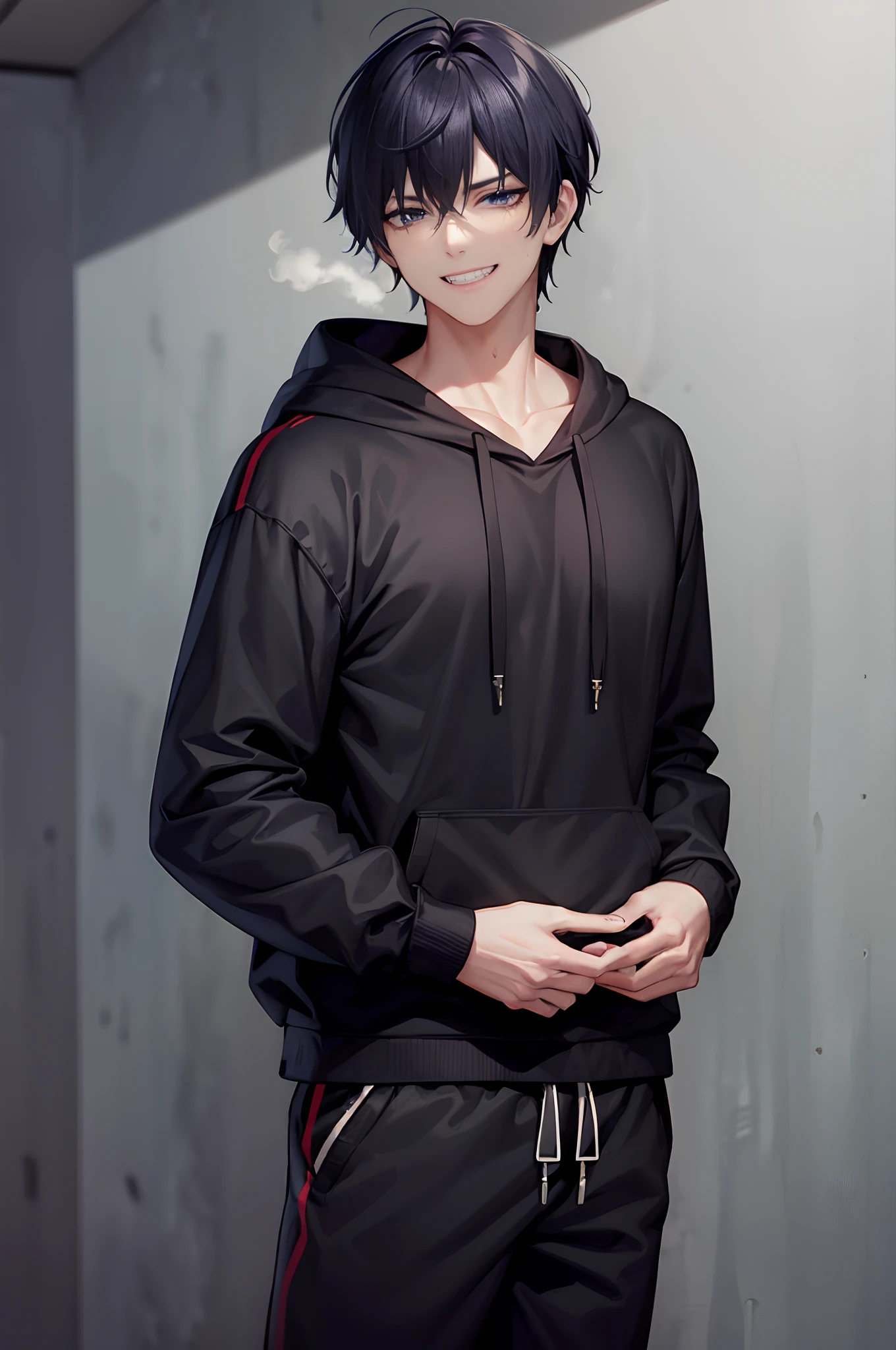 A mature boy with a devilish grin, wearing a black hoodie and sweatpants, (standing)