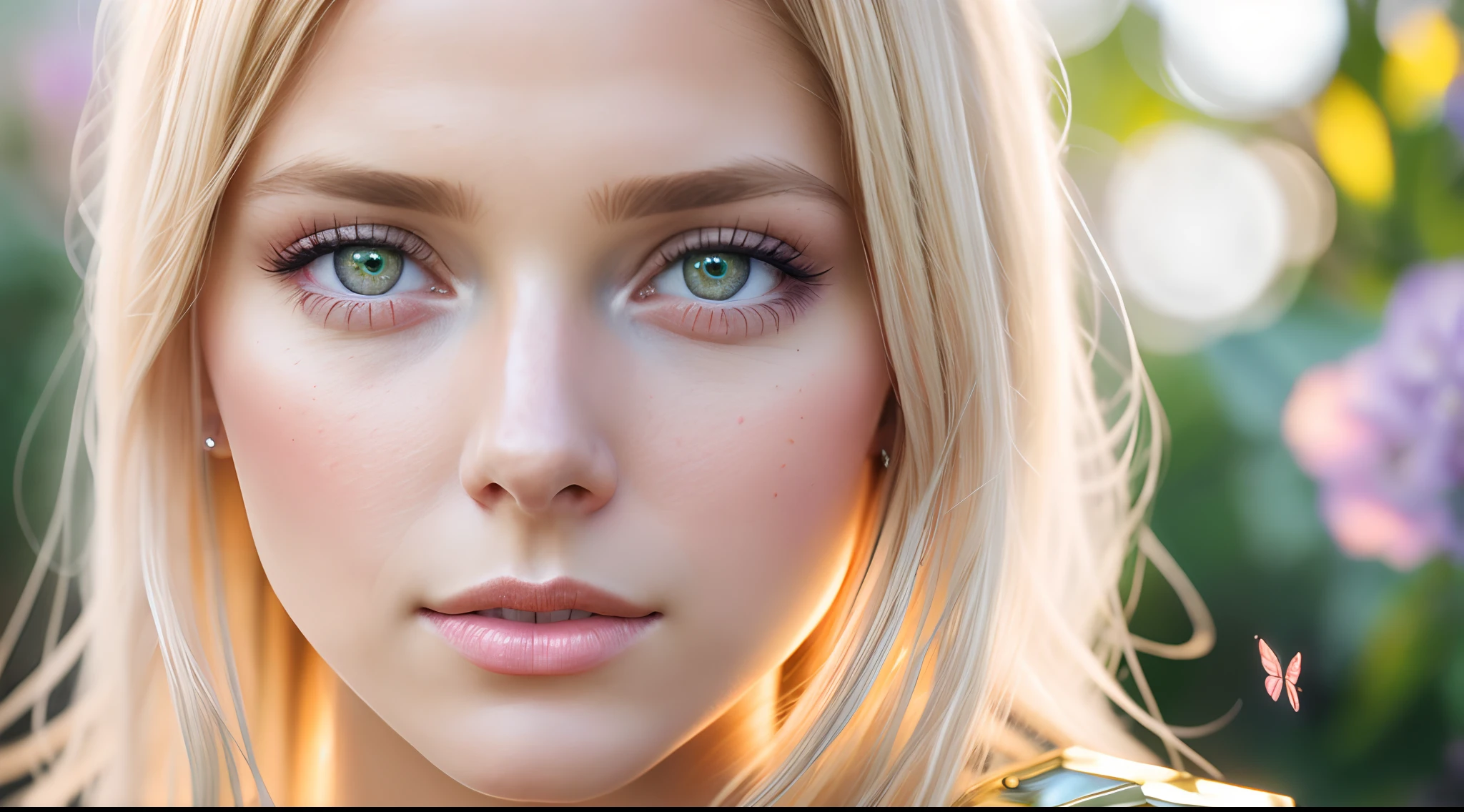 1girl, hair blonde, 8K, HD, realistic, wing butterflies on her face. beautiful highly detailed face. painting by artgerm and greg rutkowski and alphonse mucha, realistic, HD, 8k, dress white, 1980s, beauty face, armor gold, skirt red, ((realism)), extremely high quality RAW photograph, ultra detailed photograph, sharp focus, high resolution, (detailed skin:1,3),high quality, film grain, Fujifilm XT3,Highly Detailed, movie, (Cinematic Photo:1.3) of (Realistic:1.3),(Disgusting:1.3) Photorealism, (Magical Photo:1.3) of (Realistic:1.3), Crystalcore, Bejeweled, ethereal, hyperdetailed fantasy character, Dreamlike, Ethereal Fantasy, Realistic, Fiction, Full-HD, HD, 8K, Soft Lighting, Beautiful Lighting,Highly Detailed,Highly Detailed,(Photorealism:1.3), (1girl:0.999), (blonde_hair:0.790), (eyelashes:0.609), (face:0.631)