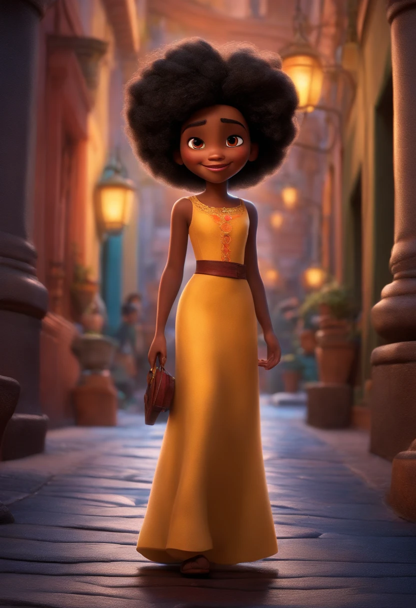 Mulher com vestido longo preto com uns 47 anos e mulata como desenho da pixar