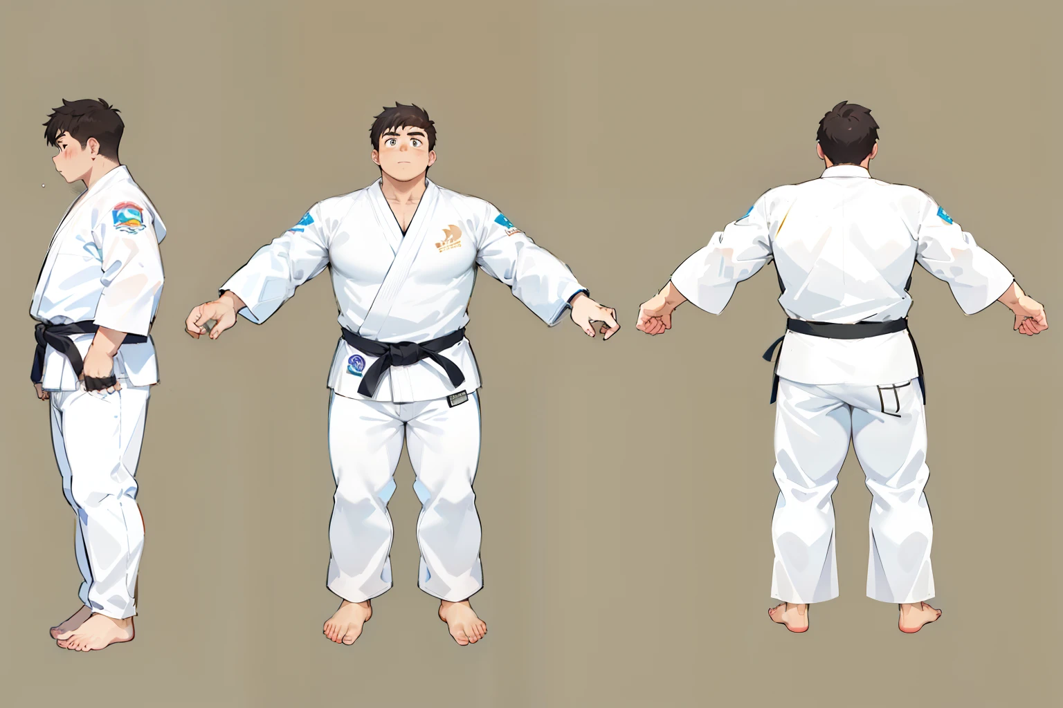 ((1boy_only, same_character, same_outfit)), charturnerv2, character_turnaround, character_sheet, ((3views)), reference_sheet, (chubby:1.2, stocky:1.2), ((white judo gi)), ((dougi)), barefoot, ((long pants)), (bara:1.2), (shota:0.25), buzz_cut, full body shot, ((cool, cute, awesome)), (fingerless gloves), (chubby_face:0.8), (solid_background)