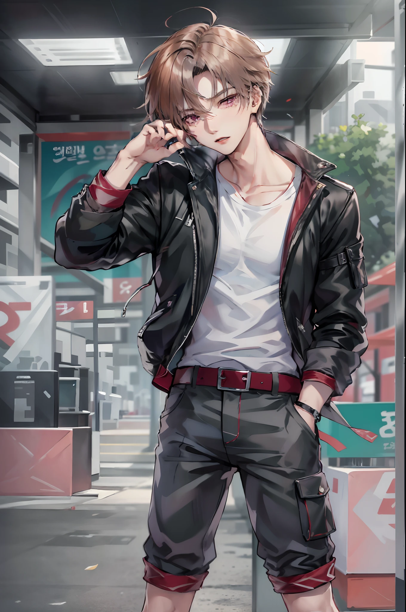 (photorealism:1.2) ((detailed face)) (perfect face) (perfect eyes), handsome young man, glowy white eyes, stripe tattoo on his neck, sitting on a white racing car, wearing red leather jacket, dark green cargo pants, short black hair, outdoors, soft lighting, cars and city lights in background, relaxed pose, realistic, intricate details, warm colors.