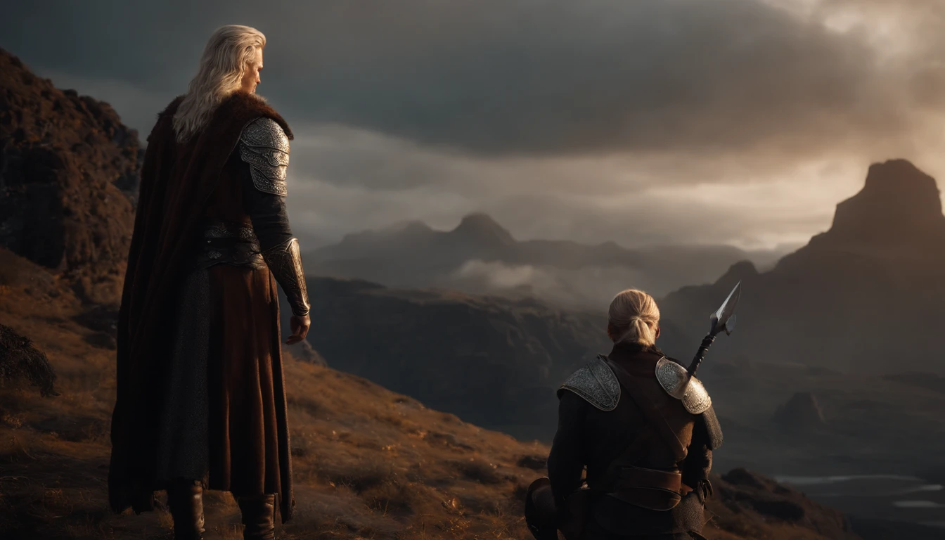 A handsome young male character with medium silver hair looking at the kingdom, ele tem uma espada, He stands next to a young warrior with blond hair, Behind them is also a strong adult warrior with brown hair, Dark setting, ultra-realistic, Estilo de desenho Guweiz, Landscape, 8k, inverno, Dramatic Particles, melhor qualidade,4k,8k,alto,master part:1.2,ultra-detalhado,Realistic:1.37, fiery particles.