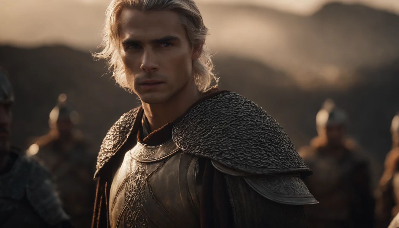 A handsome young male character with medium silver hair looking at the kingdom, ele tem uma espada, He stands next to a young warrior with blond hair, Behind them is also a strong adult warrior with brown hair, Dark setting, ultra-realistic, Estilo de desenho Guweiz, Landscape, 8k, inverno, Dramatic Particles, melhor qualidade,4k,8k,alto,master part:1.2,ultra-detalhado,Realistic:1.37, fiery particles.