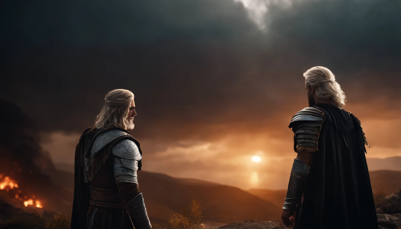 A handsome young male character with medium silver hair looking at the kingdom, ele tem uma espada, He stands next to a young warrior with blond hair, Behind them is also a strong adult warrior with brown hair, Dark setting, ultra-realistic, Estilo de desenho Guweiz, Landscape, 8k, inverno, Dramatic Particles, melhor qualidade,4k,8k,alto,master part:1.2,ultra-detalhado,Realistic:1.37, fiery particles.