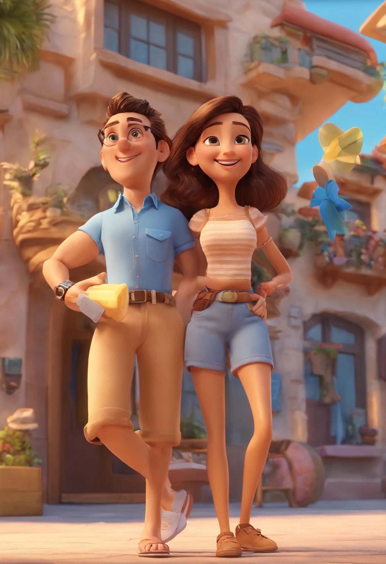 Cartoon of friends having fun on vacation together, 3D Animation Movie Poster, Poster de filme animado, pixar 3 d animation style, pixar renderman rendering, maia 8 mil, animated film, Disney Pixar Estilo 3D, amigos felizes saem juntos, all wearing light blue shirts and cream brown long pants, camisa azul clara, cream brown pants, ao ar livre, vacation, Disney Pixar Animation Poster