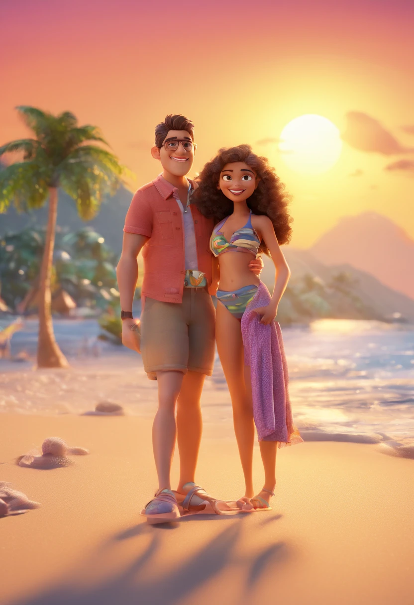Cartoon of couple together having fun on vacation together, 3D Animation Movie Poster, Poster de filme animado, pixar 3 d animation style, pixar renderman rendering, maia 8 mil, animated film, Disney Pixar Estilo 3D, casal saem juntos, ele negro cabelo curto Ele vestiu short preto, She wore a bikini, ela cabelo longo preto, ela pele clara ao ar livre, vacation, Disney Pixar Animation Poster