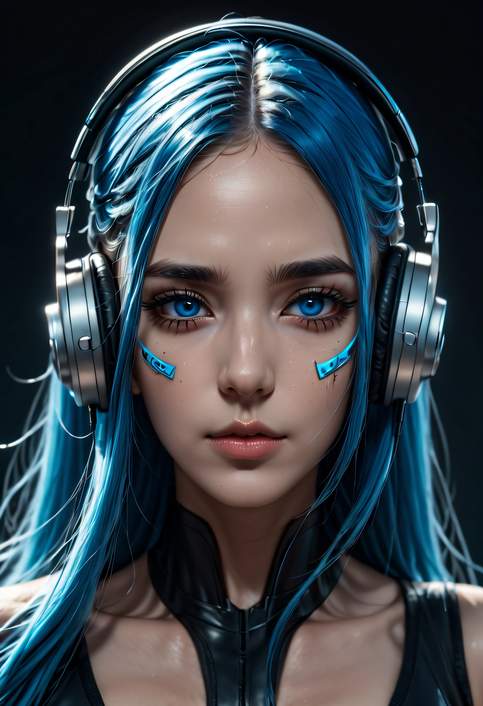 girl with long blue hair, blue eyes, futuristic vibes, mask on mouth, headphones, 8k, high quality, simple background, glowing eyes, nice pose