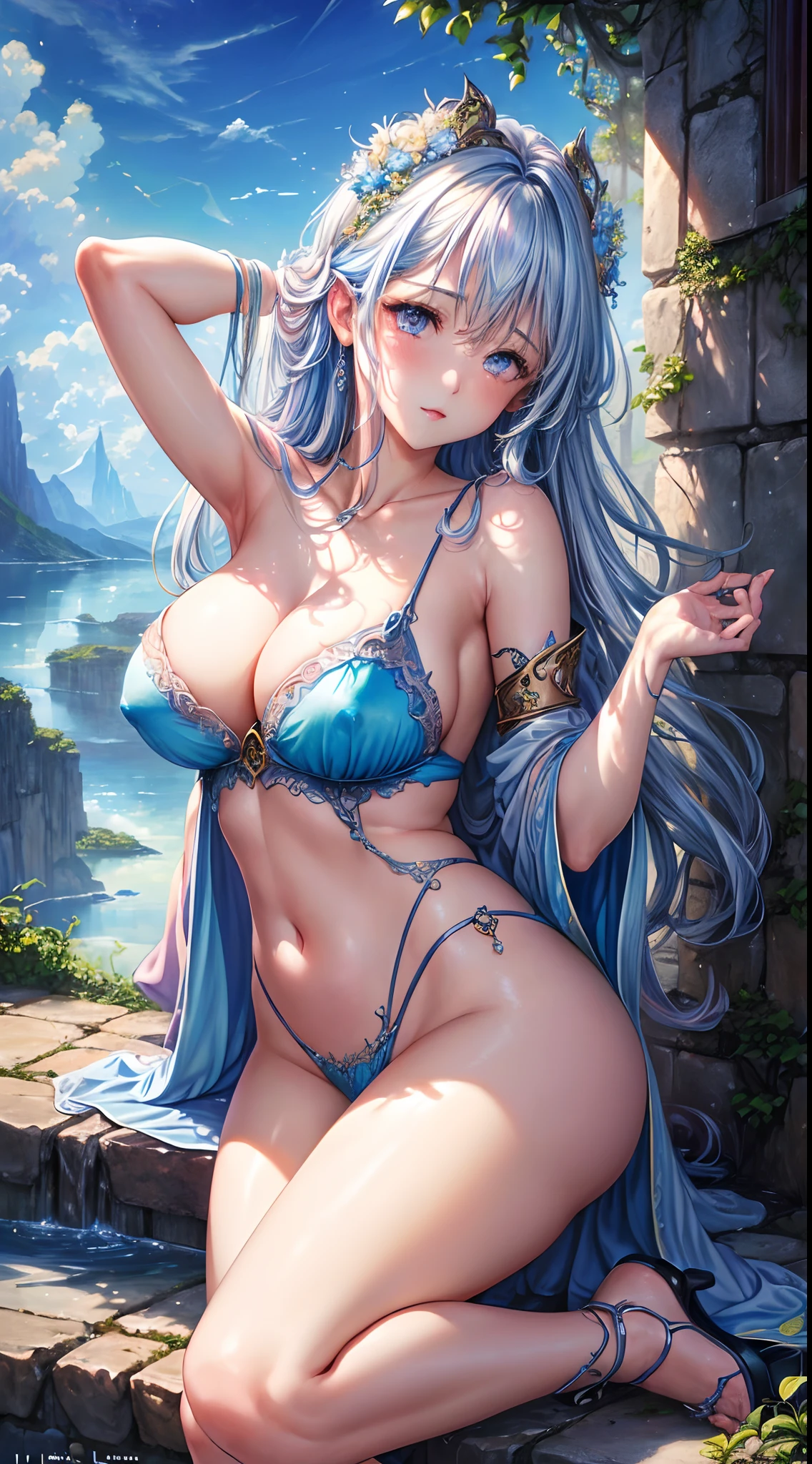 A sexy、Visible nipple、areola of breast、((top-quality))、((tmasterpiece))、(detaileds)、Wizard of Water、Fantastic water beauty、perched on a cloud、(fantasy illustrations:1.3)、a captivating gaze、The pose is seductive、otherworldly charm、Powerful magic、mystical sky、 (author：Luis Royo（Luis Royo）:1.2)、(Yoshitaka Amano:1.1)、Moon Night、pastelcolor、(detailed cloudscape:1.3)、(A high resolution:1.2)
