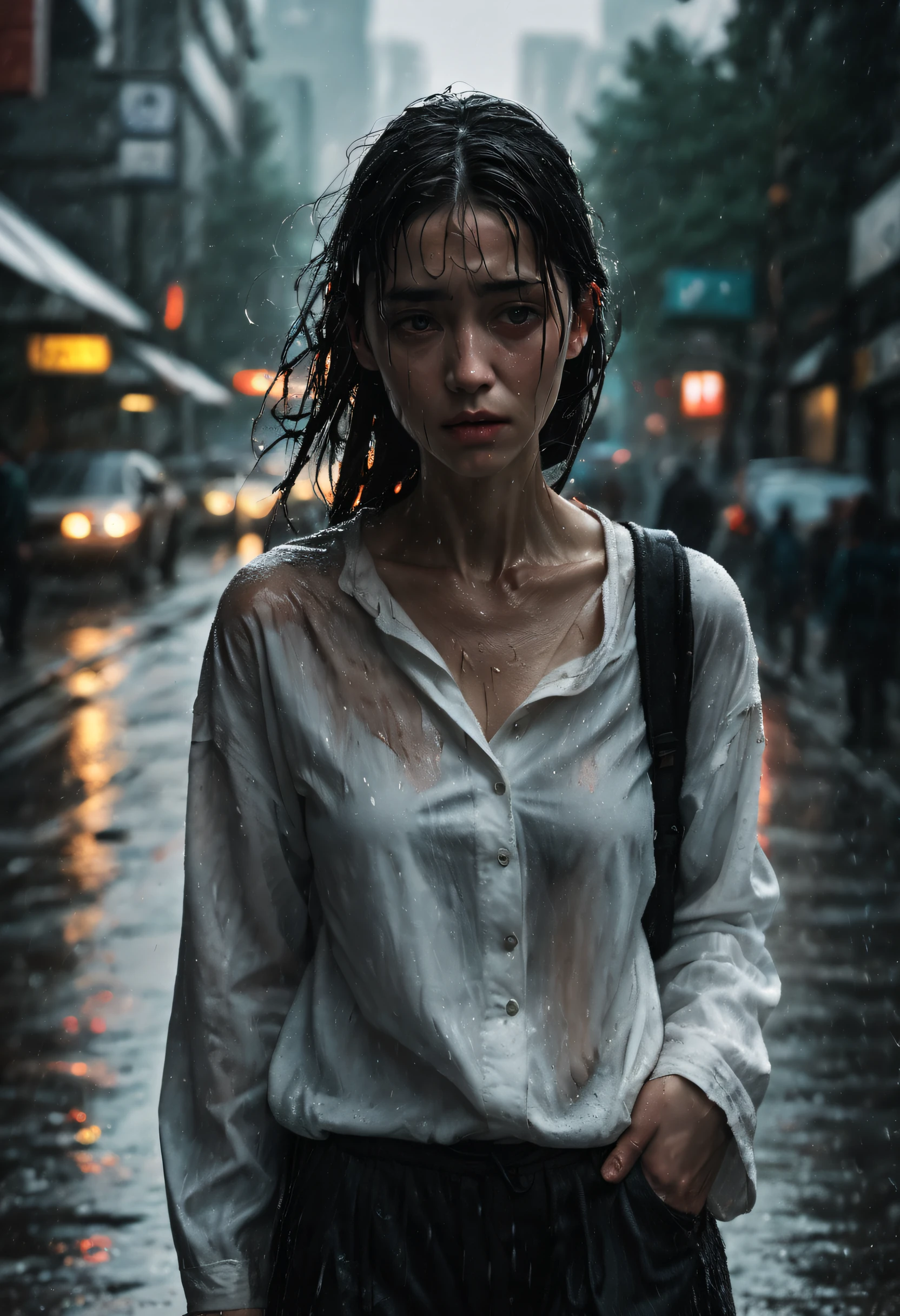 Best picture quality, ultra high resolution, (fidelity :1.4), photo, 1 girl, [(sadness)], white shirt, Dim, dark, (night), desperate, pitying, pitiful, tear, teardrop, (Wet clothes:1.4), bare shoulders, Real rain, wet hair, cinematic, god rays, ray tracing, reflection light, Expressionism, Realism, masterpiece, highres, 16k