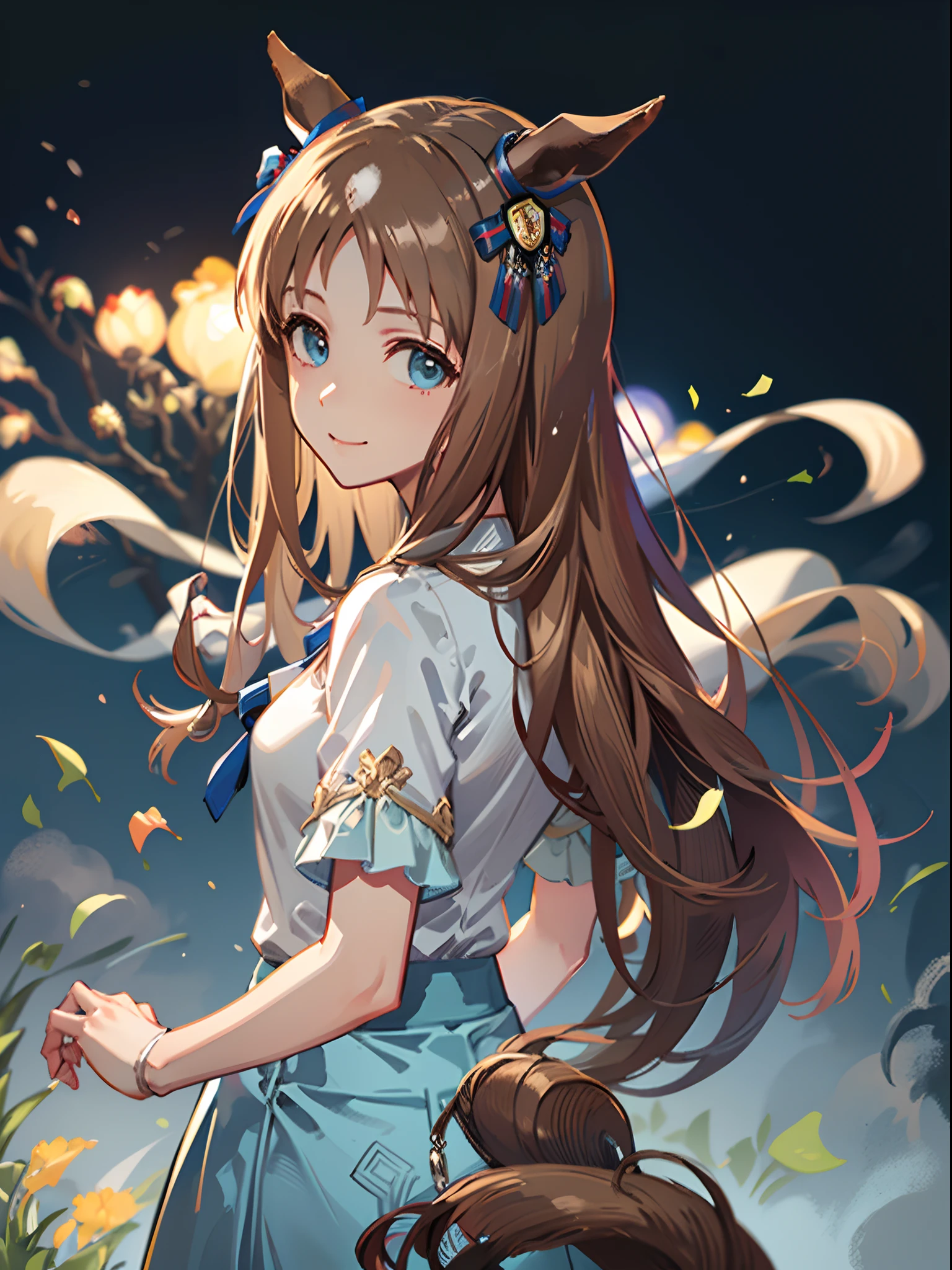 grass wonder \(Umamusume\), 1 girl, Solo, Best Quality, masutepiece, 8K, High resolution, Ultra-detailed, (from behind, Looking back, Upper body), lightsmile, (((White blouse, Pastel blue skirt, Long skirt,)))