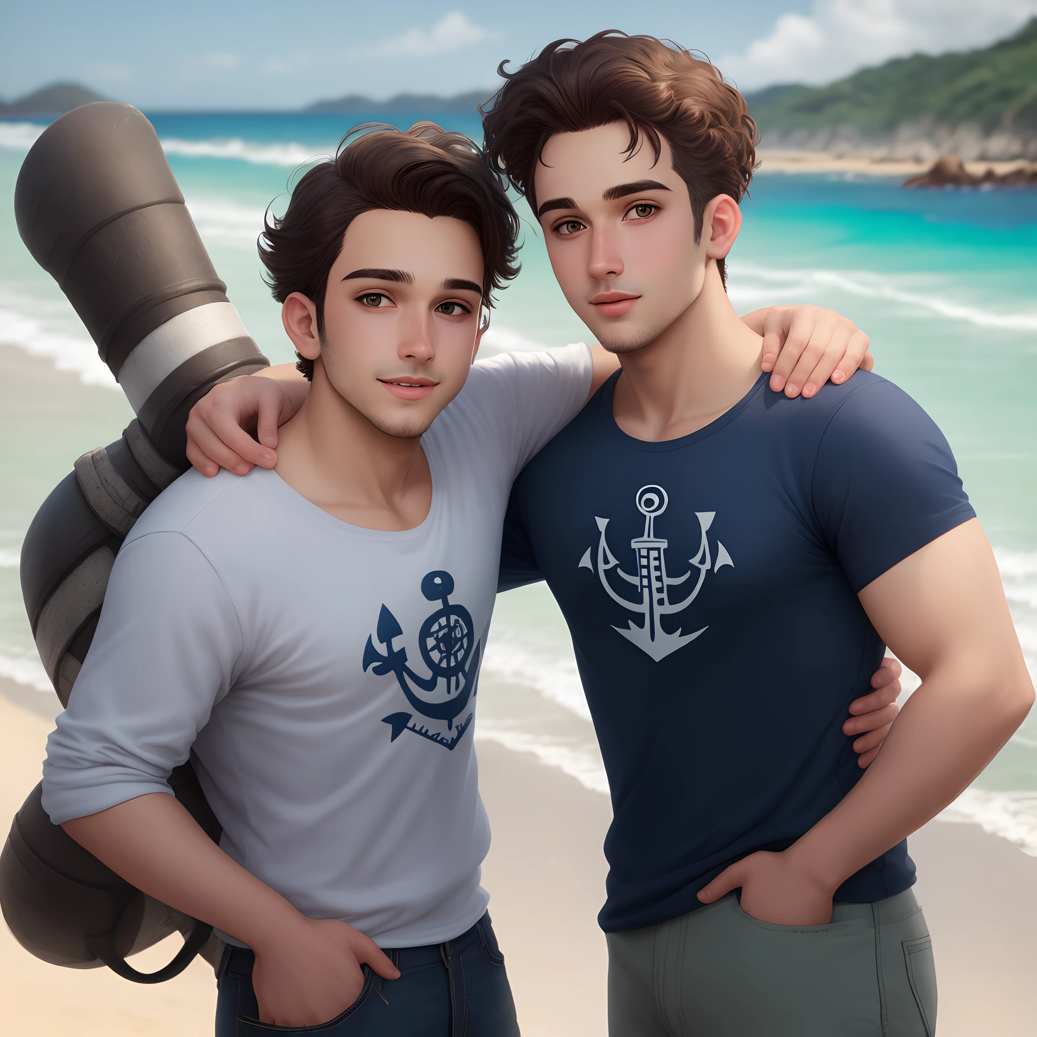 Um jovem personagem em desenho estilo pixar. The character is black, gordo, And he's got a blue shirt with an anchor and a headlight, e a frase escrita "Pra sempre, Porto. Perosnagem is on a beach with its back to the sea. O personagem tem olhos castanhos escuros, a white straight-brimmed cap on the head, e uma barba