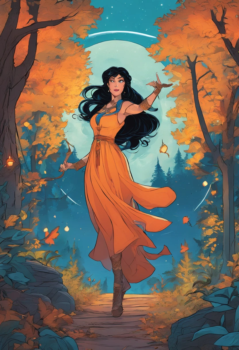 A beautiful natural witch with black hair and blue eyes in the middle of a magical forest, Dancing around a campfire in the moonlight. Magical lights all around you illuminate the landscape