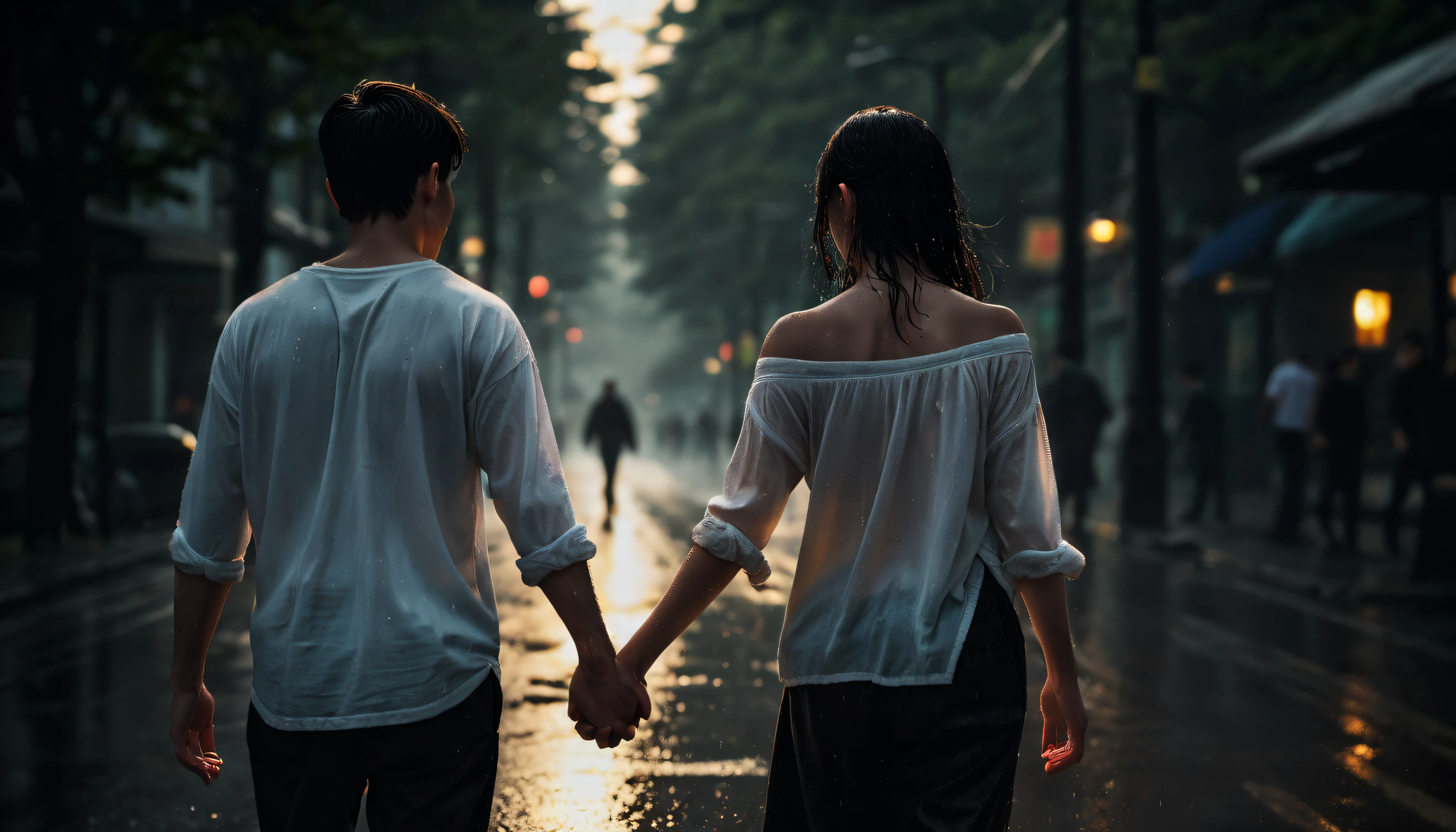 Best picture quality, ultra high resolution, (fidelity :1.4), photo, 1 girl, 1boy, holding hands, (happyness), white shirt, Dim, dark, (night), (Wet clothes:1.4), perfect faces, bare shoulders, Real rain, wet hair, cinematic, god rays, ray tracing, reflection light, Expressionism, Realism, masterpiece, highres, 16k, textured skin, anatomically correct