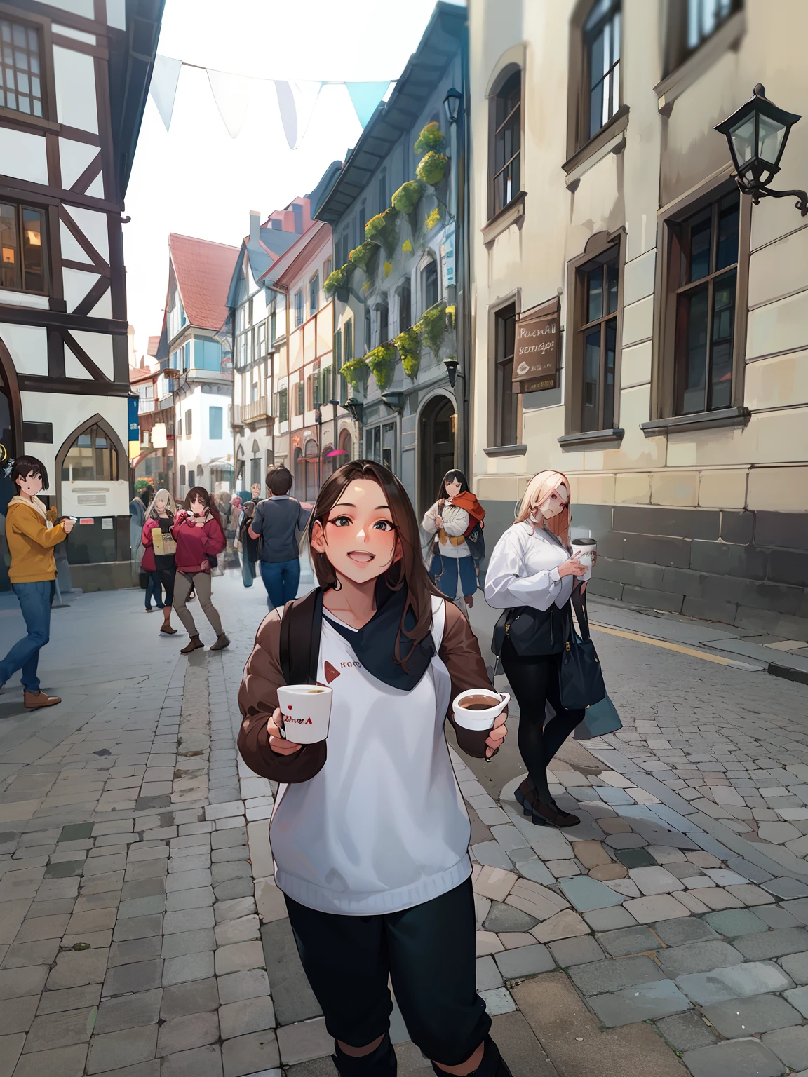 Araffe woman holding a cup of coffee on a city street, em legnica, Viagem a Legnica, em legnica!!!, standing in a city center, na rua da cidade, Monika, em uma cidade medieval, Fotografia tirada em 2 0 2 0, baroque winding cobbled streets, In the medieval muddy square of the village, Pousada lotada ao fundo
