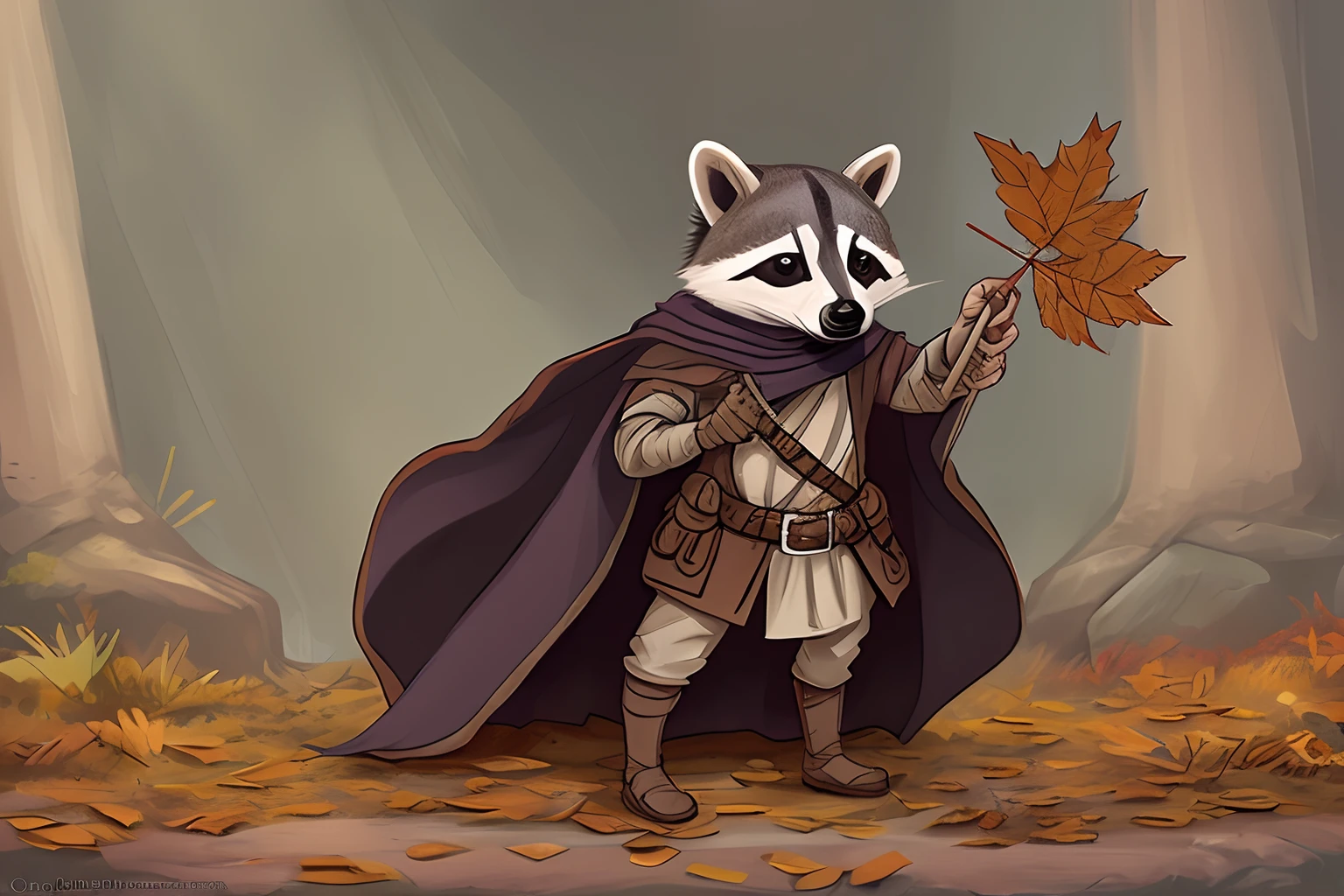 An DND character that is a bipedial raccoon with a bow and a cloak made of leaves