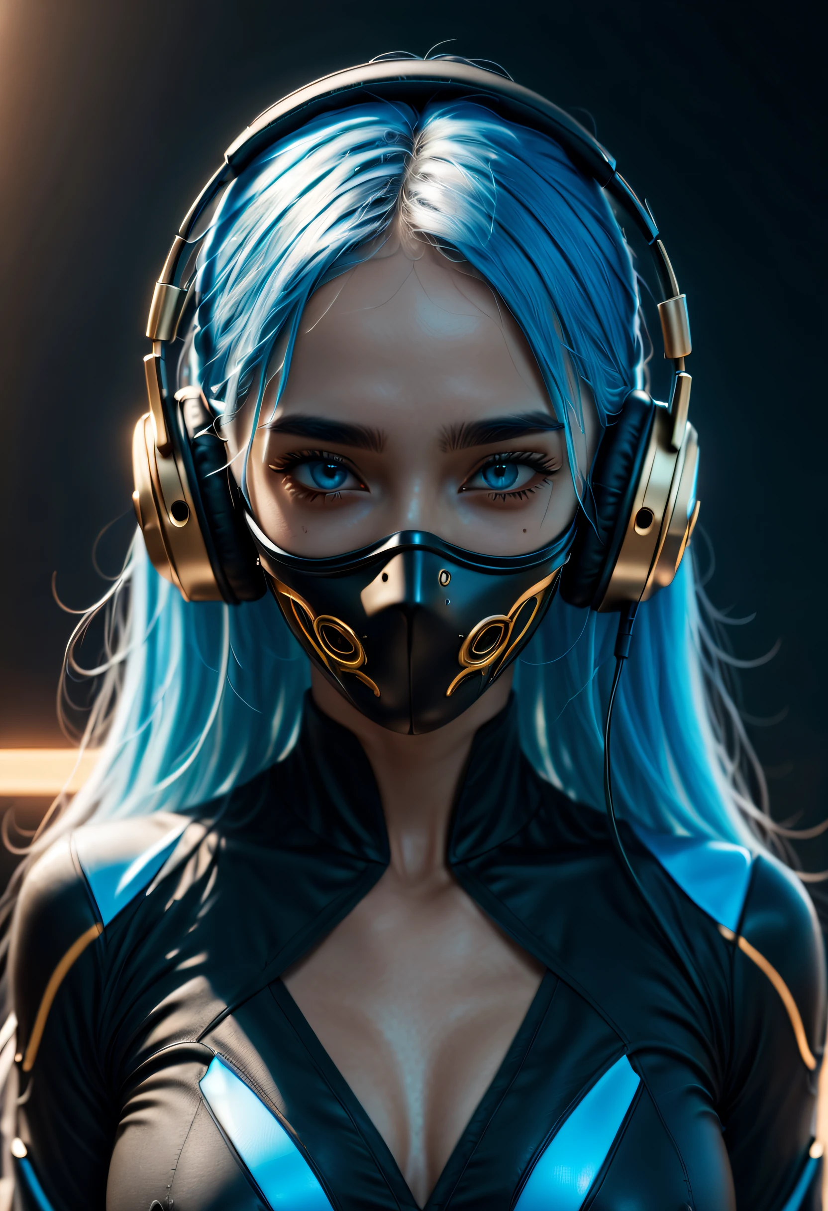 girl with long blue hair, blue eyes, futuristic vibes, mask on mouth, headphones, 8k, high quality, simple background, glowing eyes, nice pose