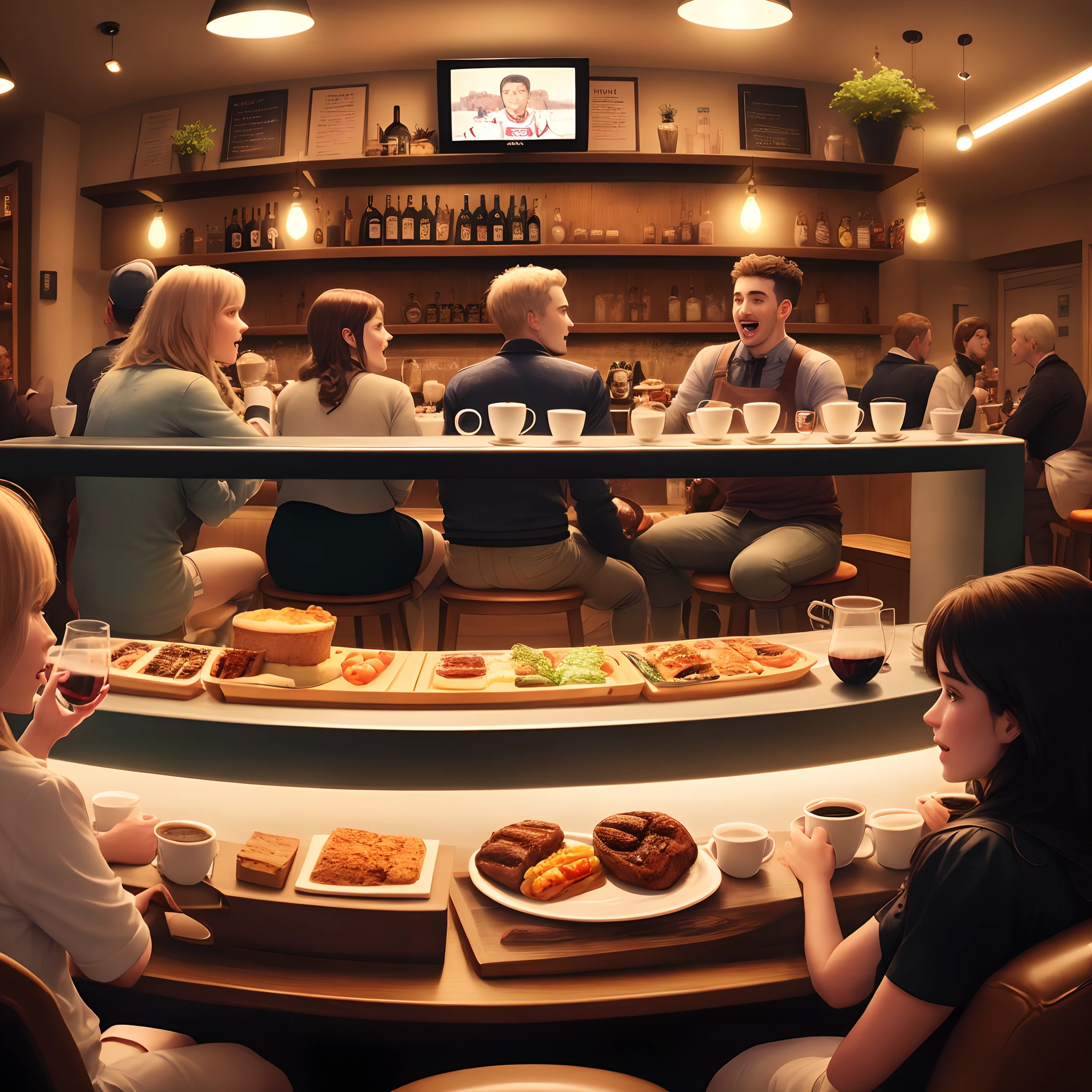 A café with several people and a counter full of people drinking wine and eating, a television with football