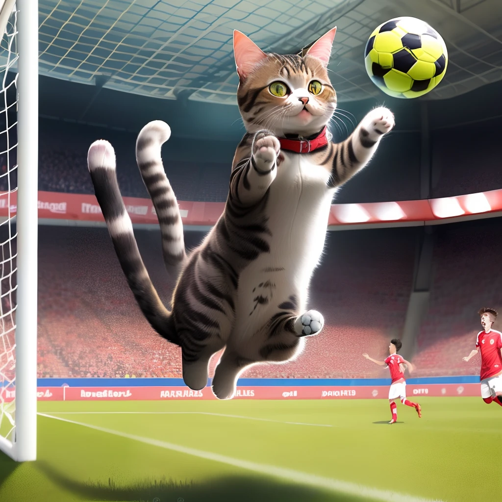 Image of a brown American Shorthair cat making a fine save with a soccer goalkeeper　Make it an image of jumping on a ball with a sense of dynamism