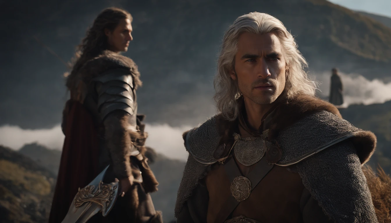 A handsome young warrior with medium silver hair looking at the kingdom, ao lado de uma jovem guerreira de cabelos loiros, Behind them is a strong adult warrior with brown hair, Dark setting, ultra-realistic, Estilo de desenho Guweiz, Landscape, 8k, inverno, Dramatic Particles, melhor qualidade,4k,8k,alto,master part:1.2,ultra-detalhado,Realistic:1.37, fiery particles.