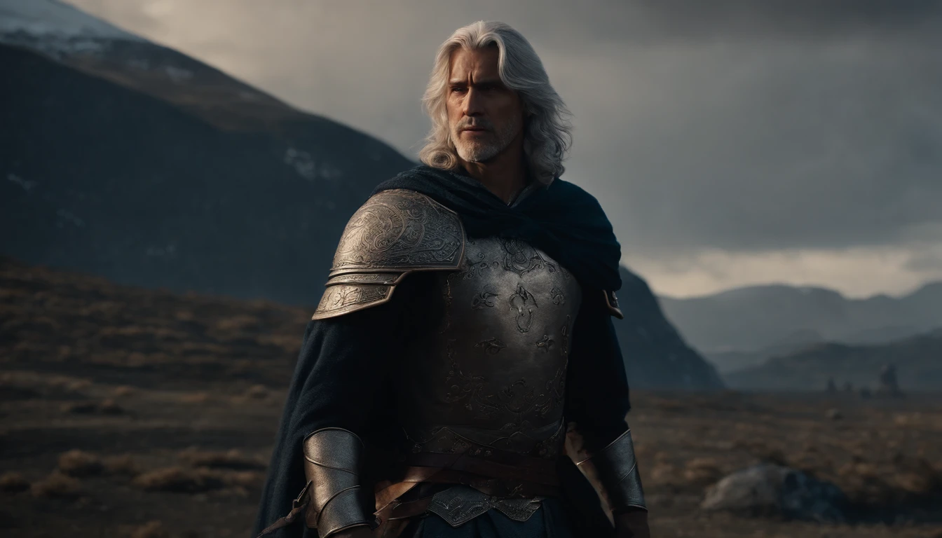 A handsome young warrior with medium silver hair looking at the kingdom, ao lado de uma jovem guerreira de cabelos loiros, Behind them is a strong adult warrior with brown hair, Dark setting, ultra-realistic, Estilo de desenho Guweiz, Landscape, 8k, inverno, Dramatic Particles, melhor qualidade,4k,8k,alto,master part:1.2,ultra-detalhado,Realistic:1.37, fiery particles.