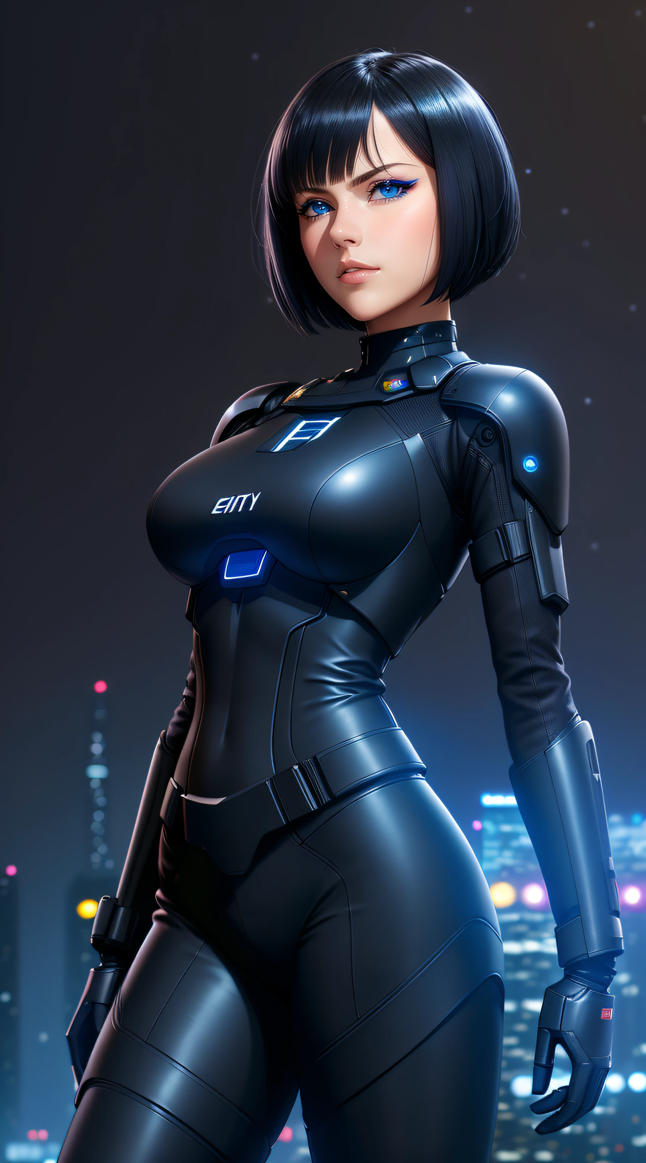 Science Fiction,Sci-Fi,Sci-Fi Movies,Foundation Movie References,Stories about Rebellion,Anti-Government Groups,25-Year-Old Woman, Full Body, Adult,Dark Blue Water-Colored Eyes,Black Bob Short Hair,leather body suit,Serious Face,Realistic Face Resolution,Realistic,Object Resolution, (dark city night black background:1.4)
