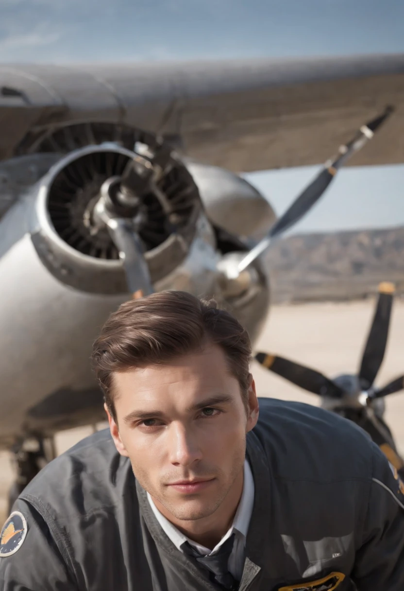 Close-up of the face of an aviation mechanic man, Se le ve comprometido y centrado en su trabajo, in the background you can see a modern airliner similar to a Boeing 737NG and a group of mechanics checking the plane, todos con su casco de seguridad, gafas de seguridad, orejeras y chaleco reflectante, The plane is inside a well-lit hangar, Limpio, Ordenado y moderno, Imagen de alta calidad, foto realista: 1. 4), (hiperrealista: 1.4), (realista: 1.3), (Smoother Lighting: 1.05), (Increase cinematic lighting quality: 0.9), 32K, realistic lighting, Contre-Jour, Luz facial, Traza de rayos, (Luz brillante: 1.2), (Aumentar la calidad: 1.4), (La mejor calidad de textura real de la piel), Obra maestra, realista, ojos detallados, alumno detallado, Mirando al espectador, natural  lighting, Profundidad de campo, Film grain, piel finamente detallada de la cara.