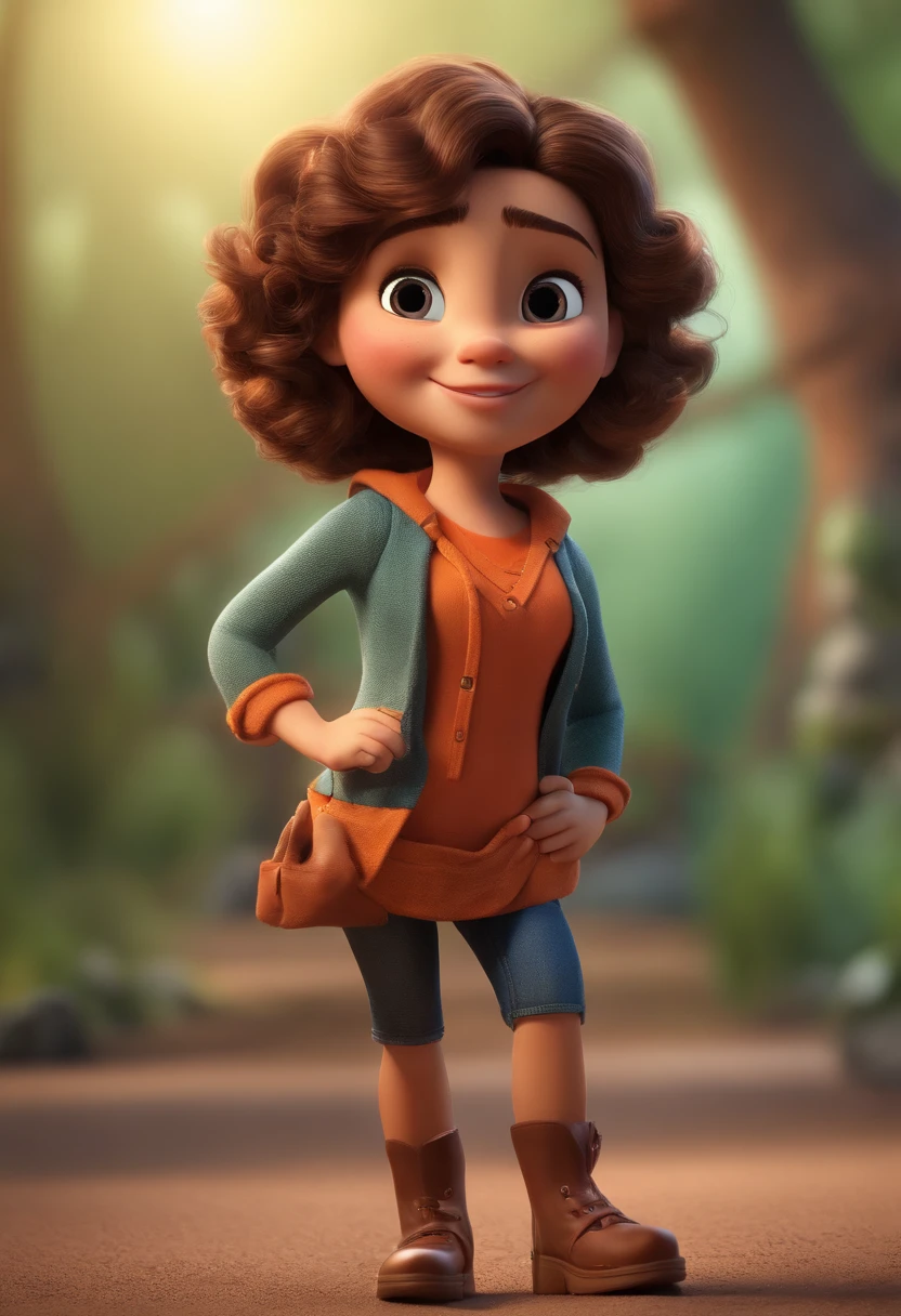 Persomage Curly Hair Brunette Animation Character, Caractere estilizado, animation style rendering, 3D estilizado, Arnold Maya render, 3 d render stylized, toon render keyshot, Personagem 3D, Personagem 3D, 3d rendering stylized, 3 d character render, personagem de desenho animado, Personagem de close up, Pose de personagem, (Estilo Pixar) (master part:1.2) (Bokeh) (best quality) (pele detalhada) (textura detalhada) (8k) (argila) (Cinematic lighting) (foco nítido