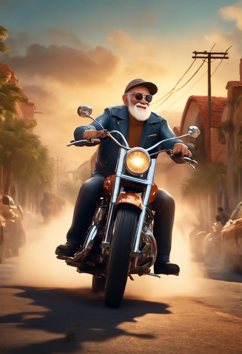 (best quality,3D rendering:1.2),Elderly man with glasses riding a Harley Davidson 883,Disney Pixar Style Poster, motocicleta, 3 d illustration, cores vibrantes, aventura, Viagem, dynamic pose, arousal, Youthful spirit, velocidade, vento soprando, Detailed rendering, mostrar a sabedoria e a energia do personagem, nostalgic atmosphere