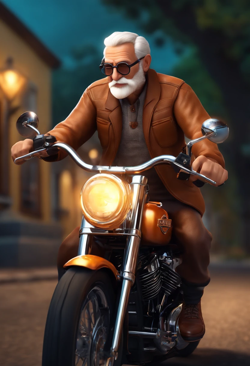 (best quality,3D rendering:1.2),Elderly man with glasses riding a Harley Davidson 883,Disney Pixar Style Poster, motocicleta, 3 d illustration, cores vibrantes, aventura, Viagem, dynamic pose, arousal, Youthful spirit, velocidade, vento soprando, Detailed rendering, mostrar a sabedoria e a energia do personagem, nostalgic atmosphere