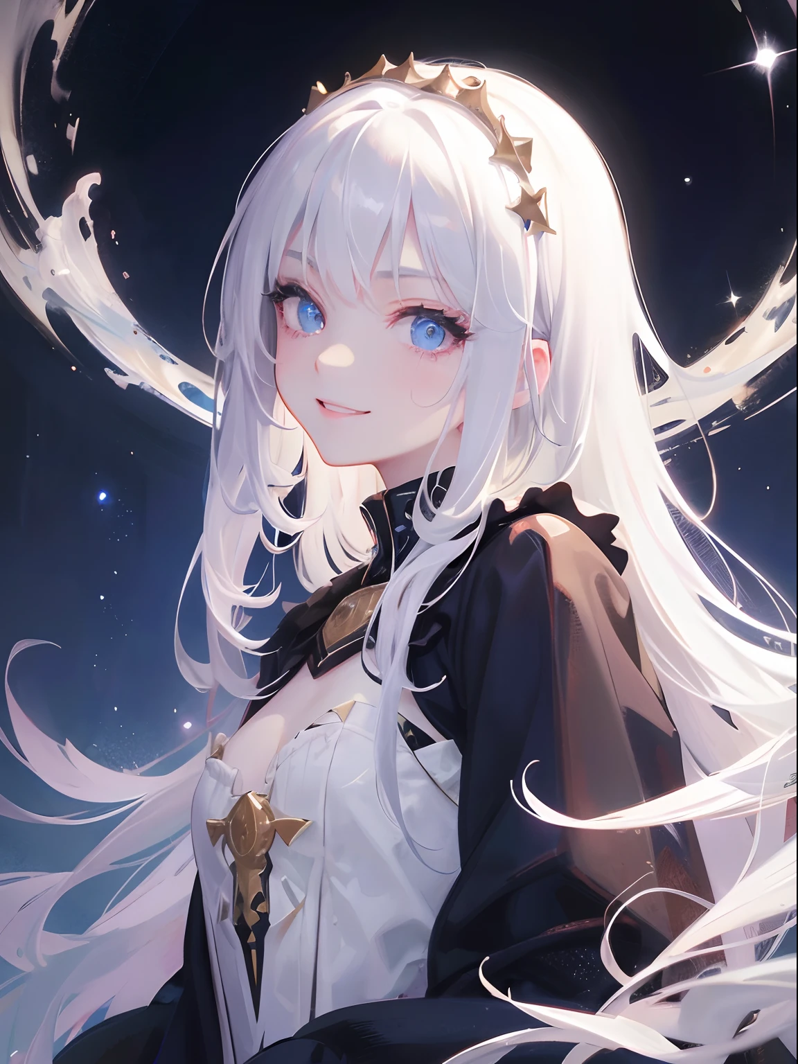 masutepiece, Highest Quality, (Perfect face:1.1), (high detailing:1.1), (ultradetailed eyes), Dramatic, superfine illustration, Extremely detailed, 1girl in, (pale skin), long white hair, Ethereal eyes, (light eyebrow), ((Lovely smile)), Solo, Long hair,Pouty lips, Proud Expression, Laughing, Cinematic lighting, Looking at Viewer, Cowboy Shot, nigh sky, shooting star