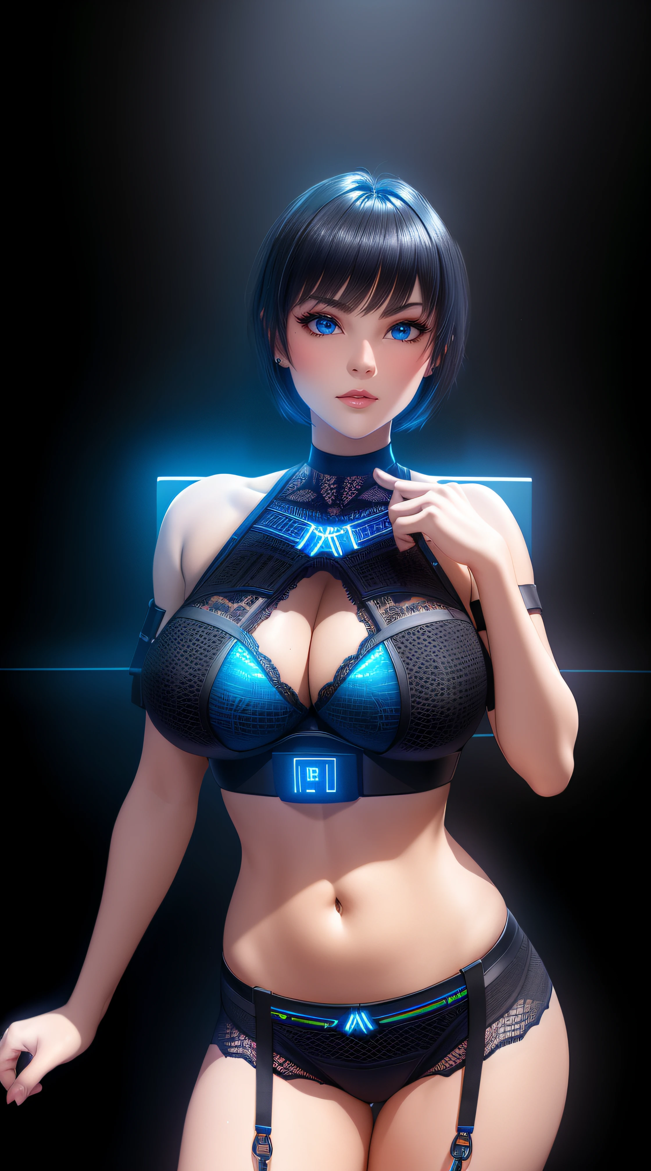 25-Year-Old Woman, Full Body, Adult, Dark Blue Water-Colored Eyes, Bright Neon Lighting, Black Bob Short Hair, strip club outfit, lace underwear, Serious Face, Realistic Face Resolution, Realistic, Object Resolution, (dark city night black background:1.4)