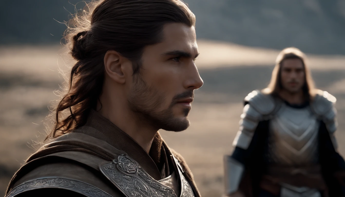 A handsome young male warrior with medium silver hair looking at the kingdom, ao lado de uma jovem guerreira feminina de cabelos loiros, Behind them is a strong adult male warrior with brown hair, Dark setting, ultra-realistic, Estilo de desenho Guweiz, Landscape, 8k, inverno, Dramatic Particles, melhor qualidade,4k,8k,alto,master part:1.2,ultra-detalhado,Realistic:1.37, fiery particles.