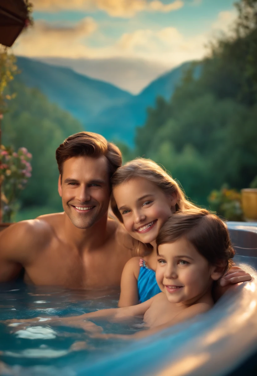Happy family in a hot tub